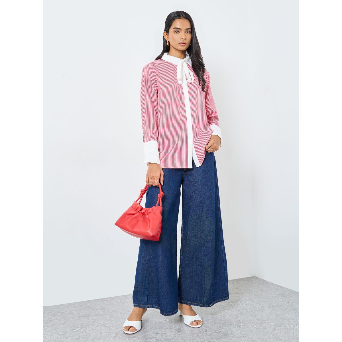 Styli Striped Tie Up Neck Oversized Shirt-women-clothing-shirtsandblouses-shirts-image-1