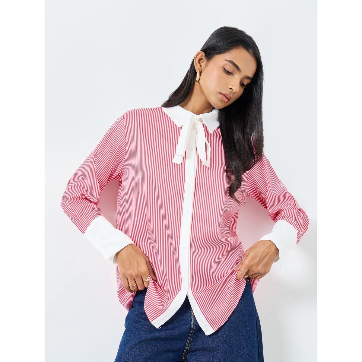 Styli Striped Tie Up Neck Oversized Shirt-women-clothing-shirtsandblouses-shirts-image-2