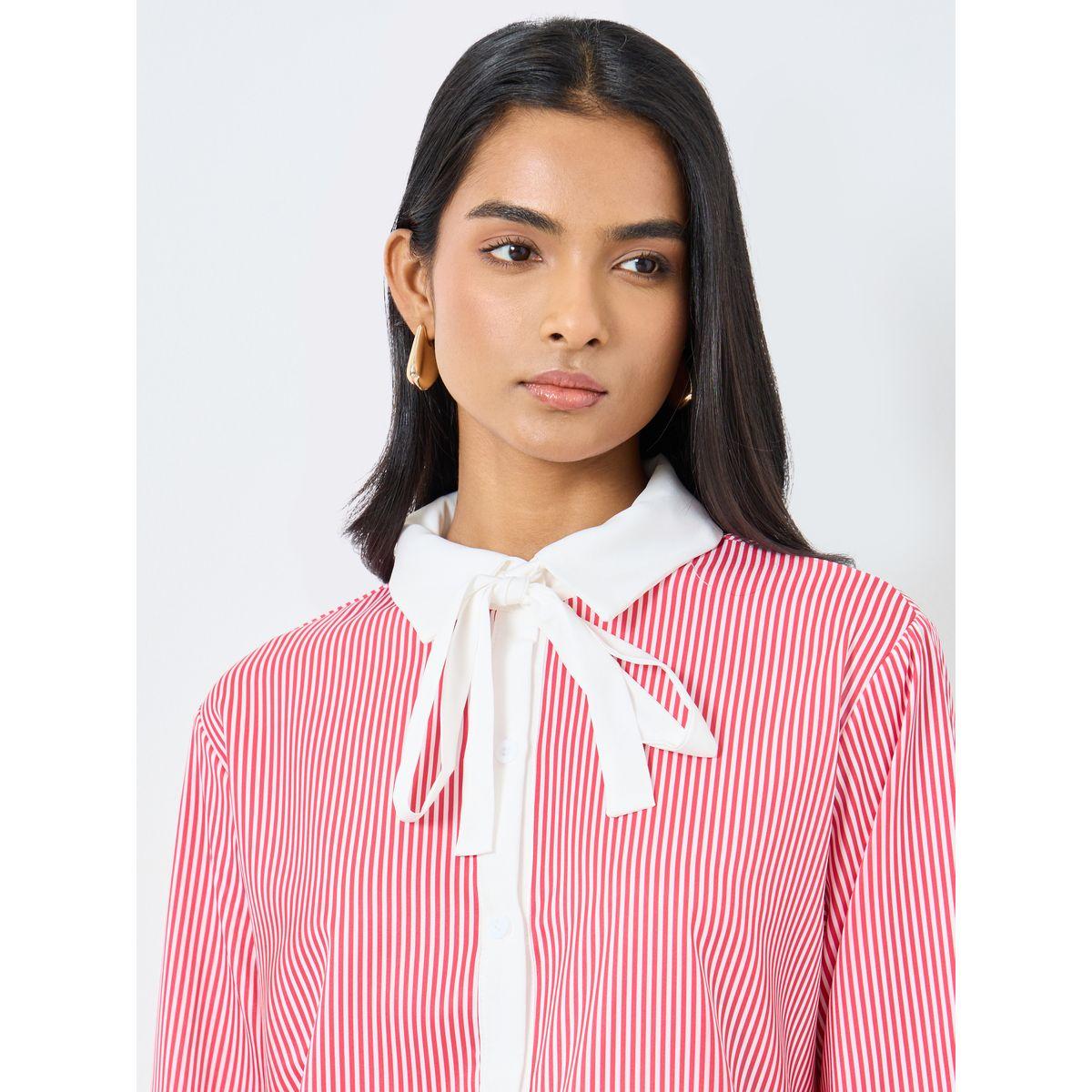 Styli Striped Tie Up Neck Oversized Shirt-women-clothing-shirtsandblouses-shirts-image-3