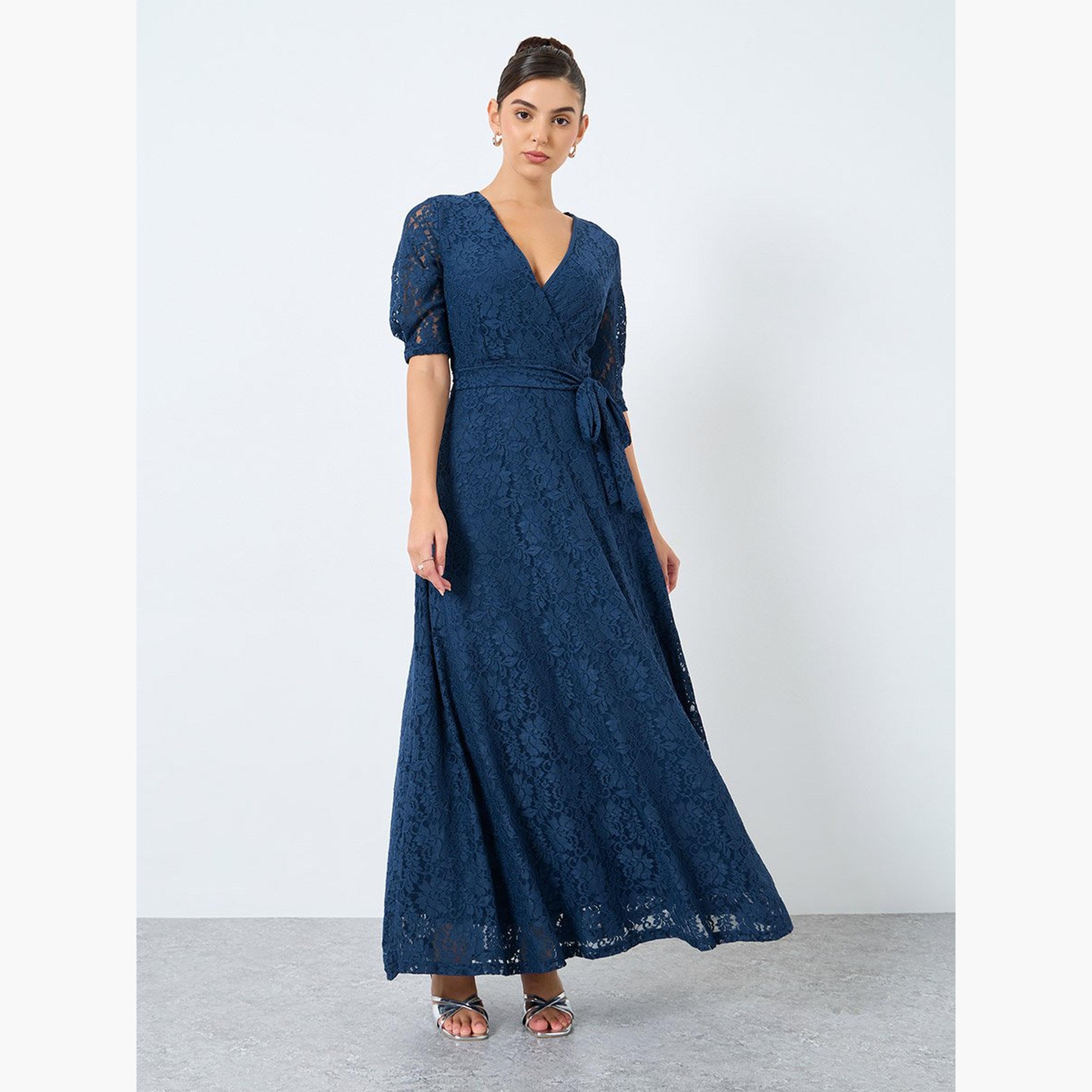 Styli Lace Waist Tie A-Line Maxi Dress with 3/4th Sleeves-women-clothing-dresses-image-1