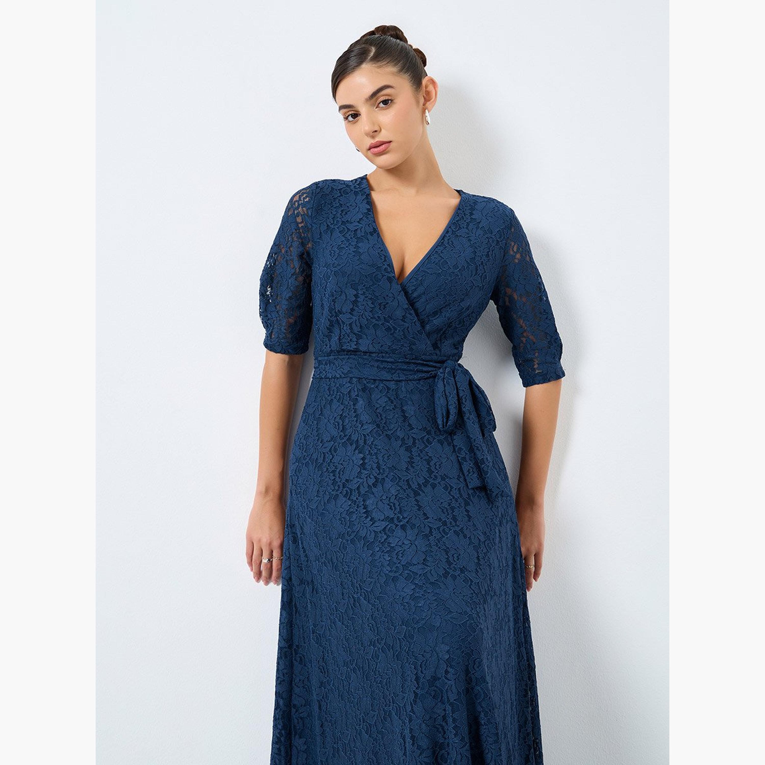 Styli Lace Waist Tie A-Line Maxi Dress with 3/4th Sleeves-women-clothing-dresses-image-3