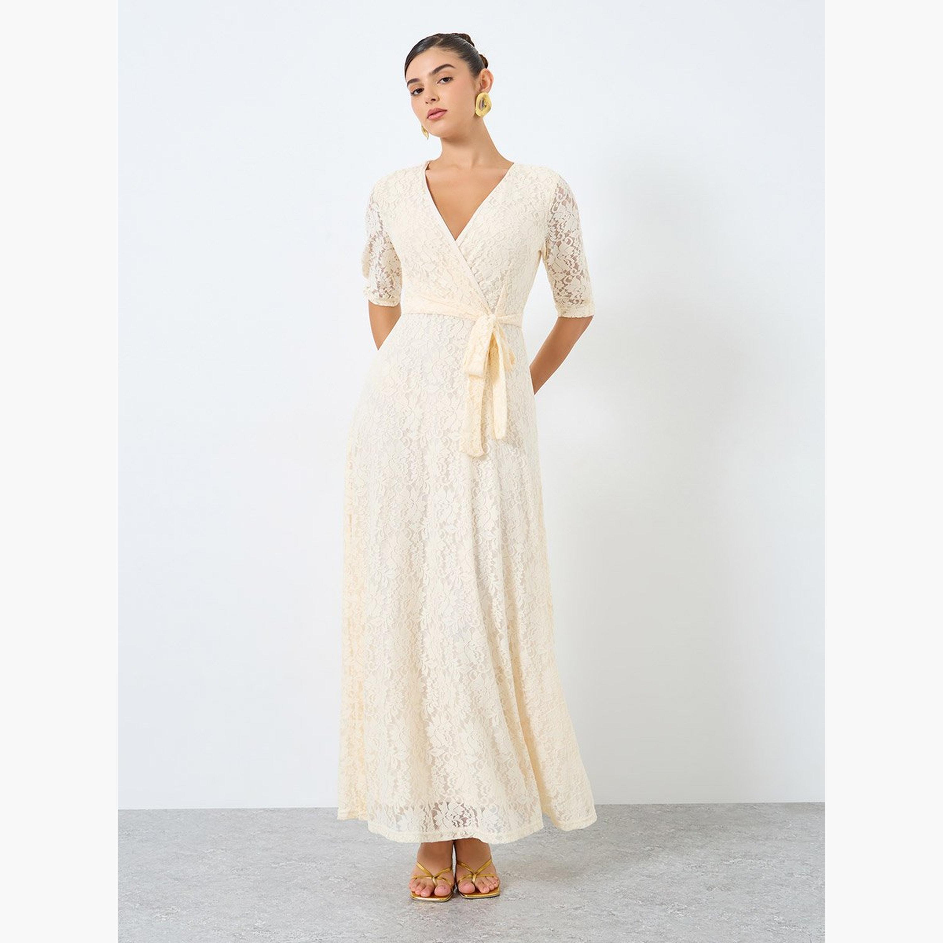 Styli Lace Waist Tie A-Line Maxi Dress with 3/4th Sleeves-women-clothing-dresses-image-1