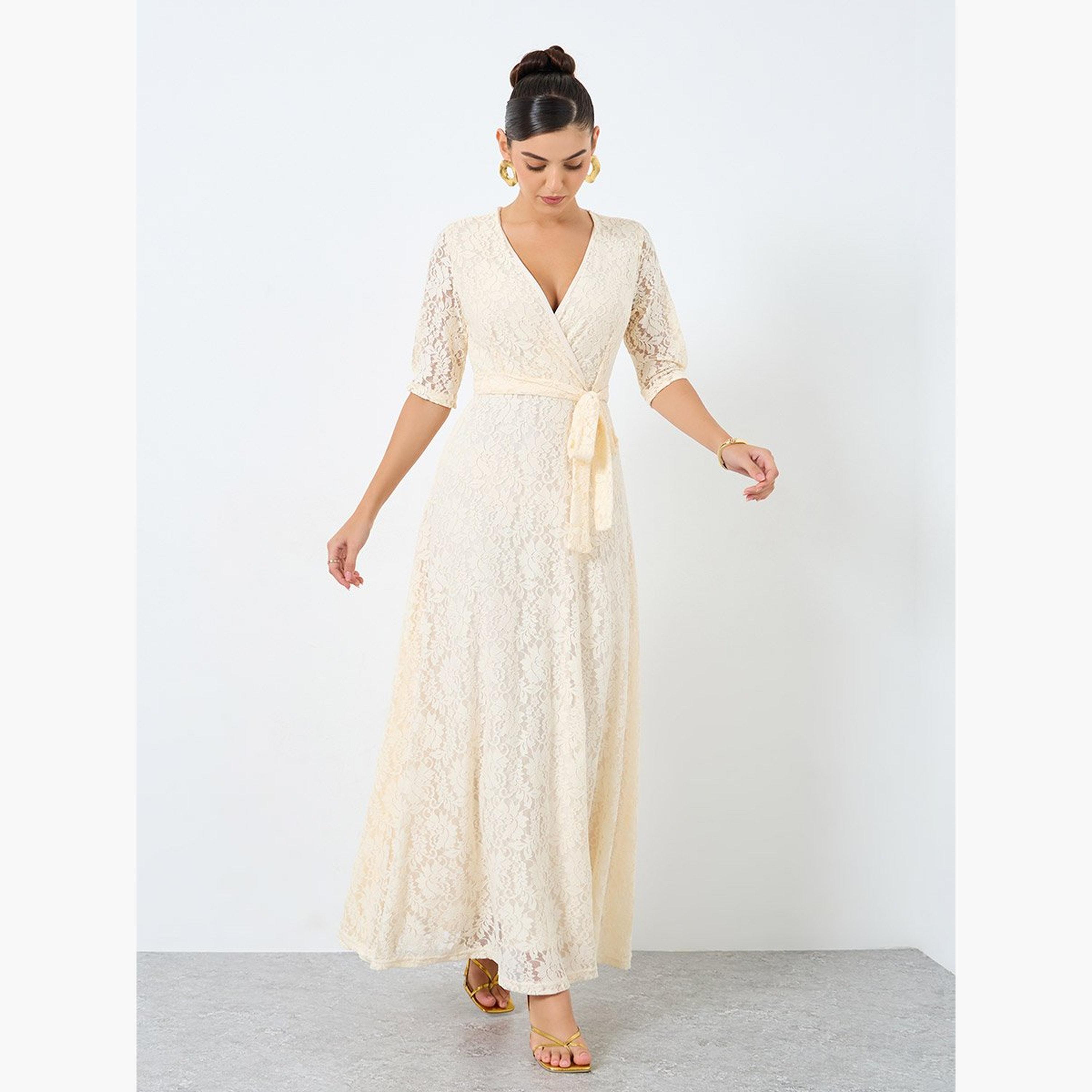 Styli Lace Waist Tie A-Line Maxi Dress with 3/4th Sleeves-women-clothing-dresses-image-2