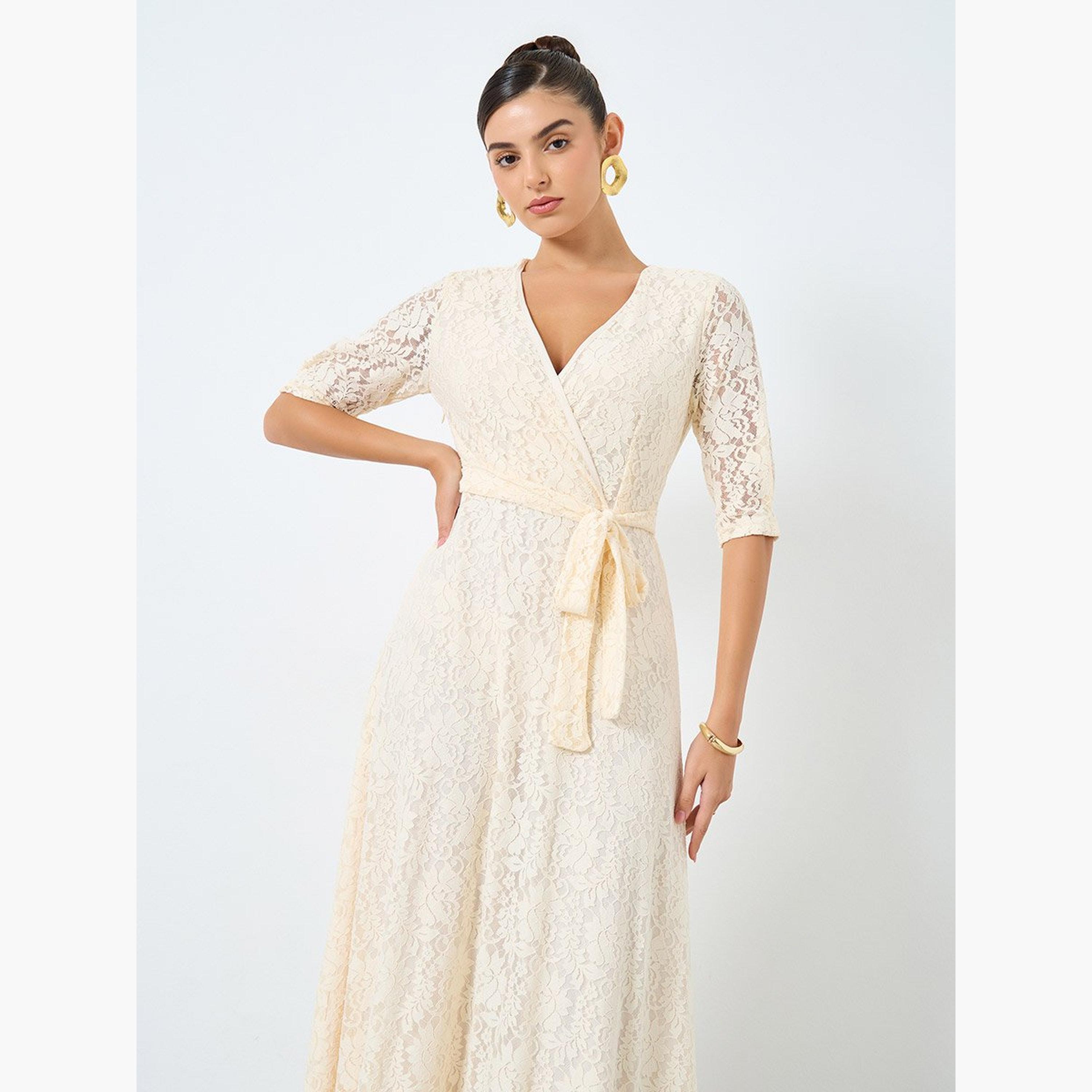 Styli Lace Waist Tie A-Line Maxi Dress with 3/4th Sleeves-women-clothing-dresses-image-3