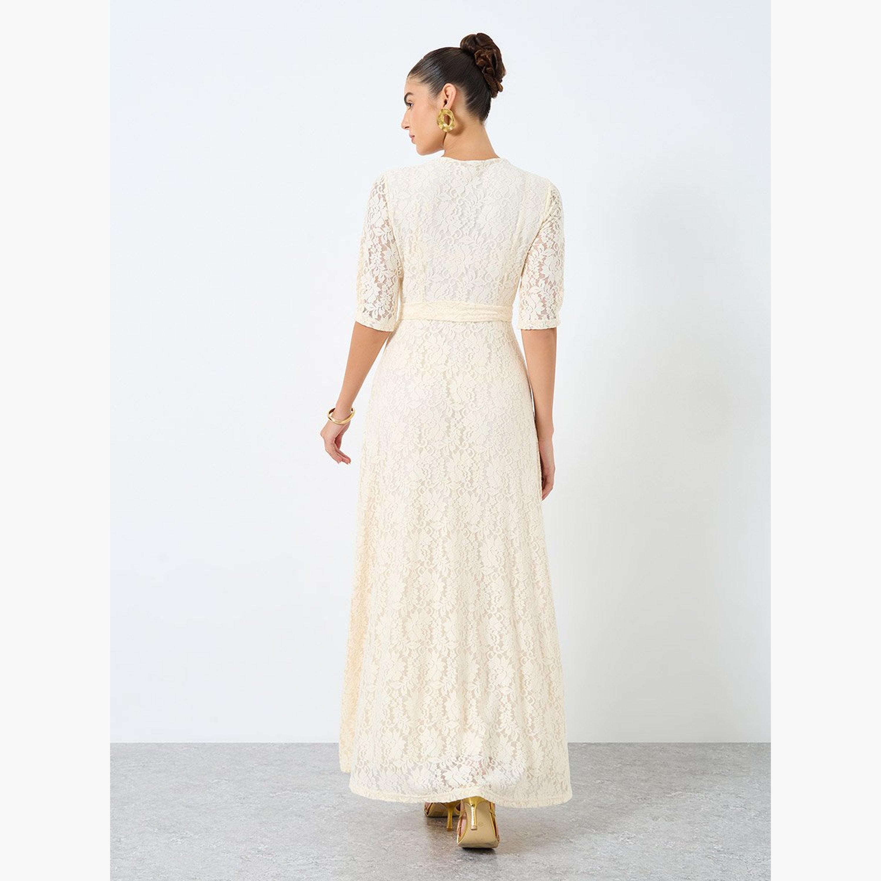 Styli Lace Waist Tie A-Line Maxi Dress with 3/4th Sleeves-women-clothing-dresses-image-5