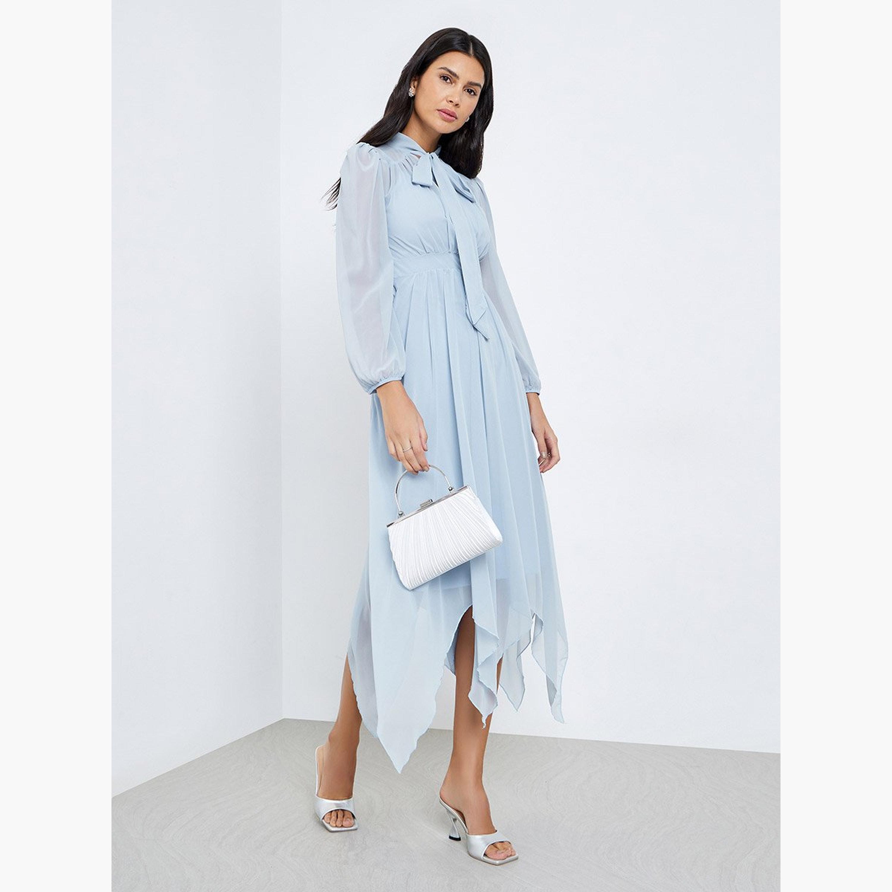 ستايلي - فستان متوسط ​​الطول بأكمام منفوخة ورقبة مربوطة لون أزرق-women-clothing-dresses-image-1