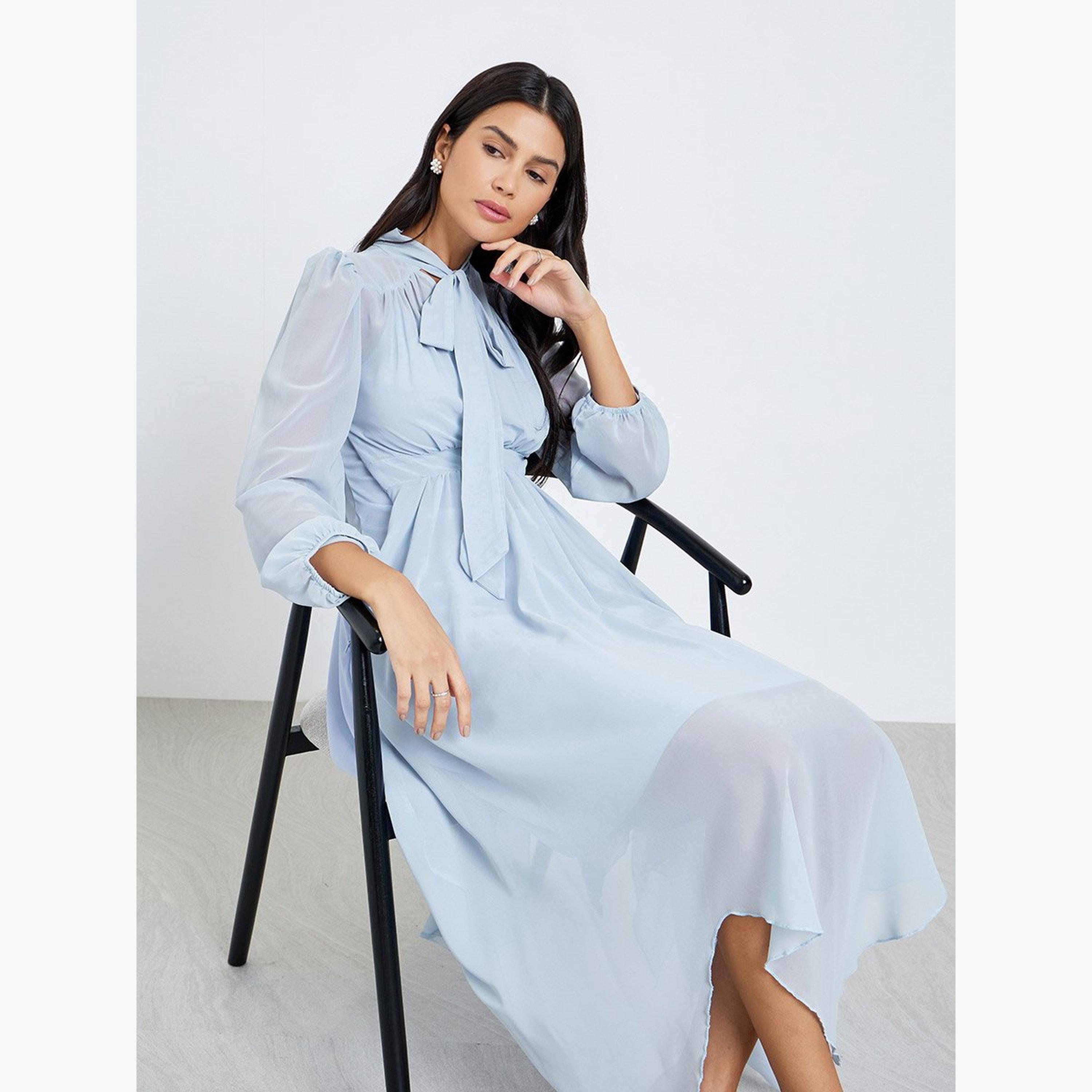 ستايلي - فستان متوسط ​​الطول بأكمام منفوخة ورقبة مربوطة لون أزرق-women-clothing-dresses-image-2