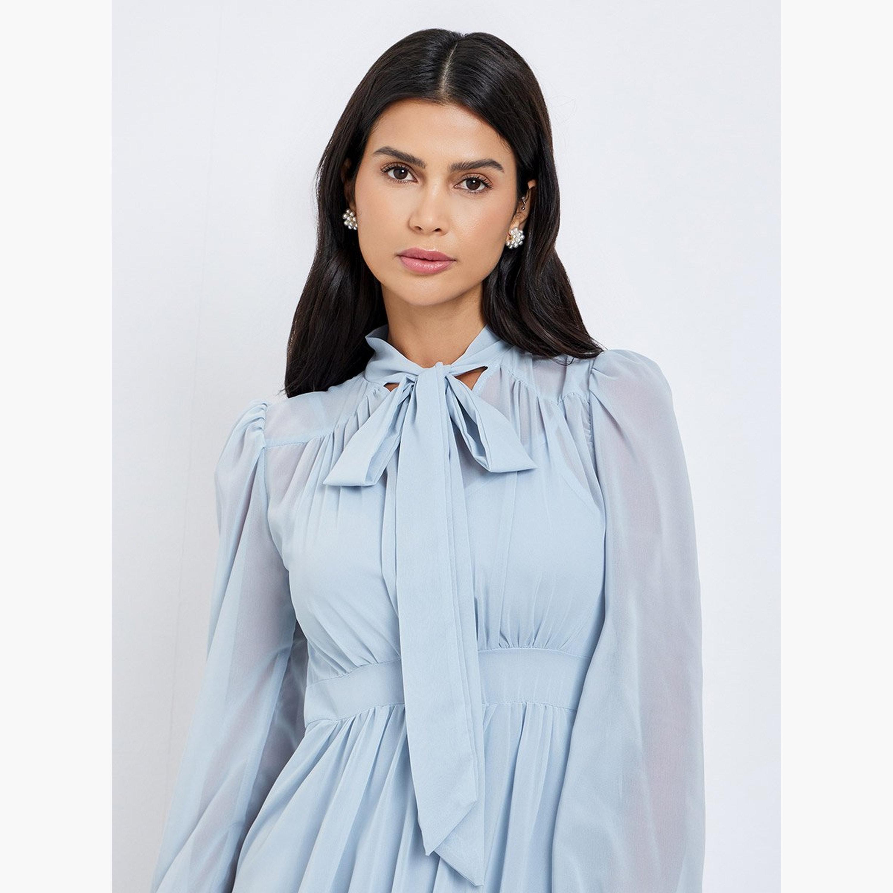 ستايلي - فستان متوسط ​​الطول بأكمام منفوخة ورقبة مربوطة لون أزرق-women-clothing-dresses-image-3