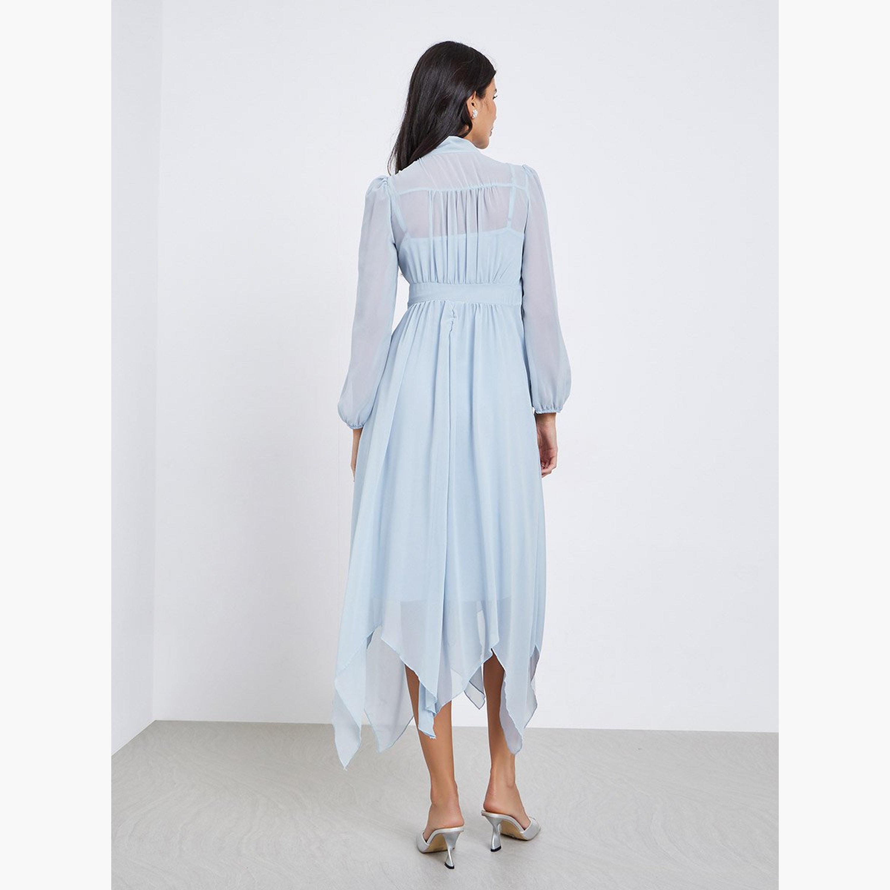 ستايلي - فستان متوسط ​​الطول بأكمام منفوخة ورقبة مربوطة لون أزرق-women-clothing-dresses-image-4