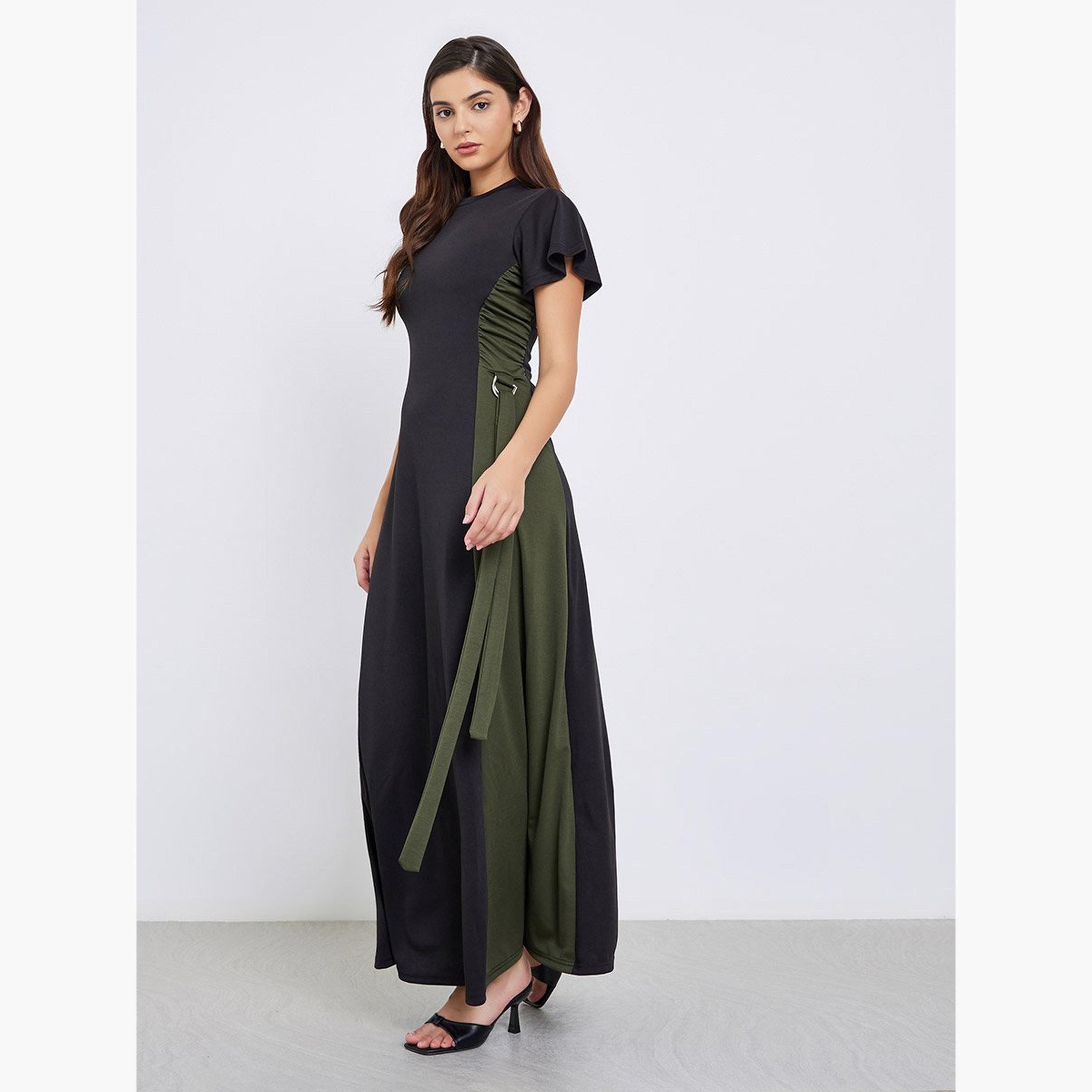 Styli Color Block Short Sleeves Gathered Detail Maxi Dress-women-clothing-dresses-image-1