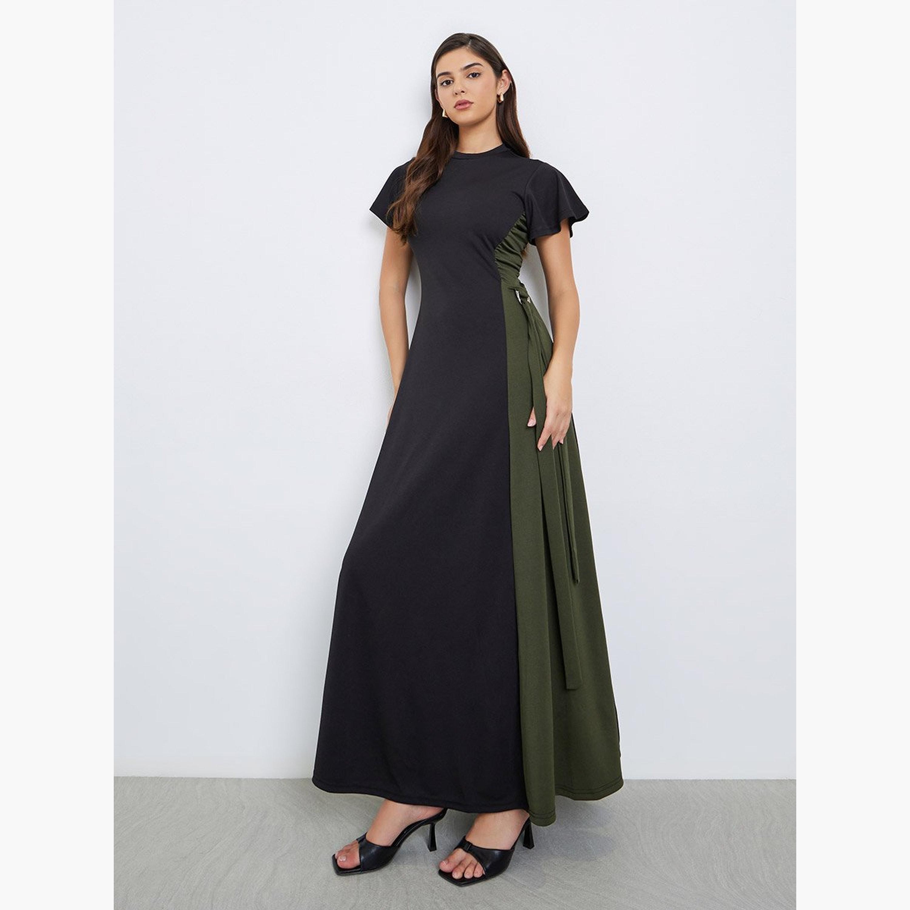 ستايلي - فستان ماكسي بأكمام قصيرة وتفاصيل مجمعة ومتعددة الألوان-women-clothing-dresses-image-2