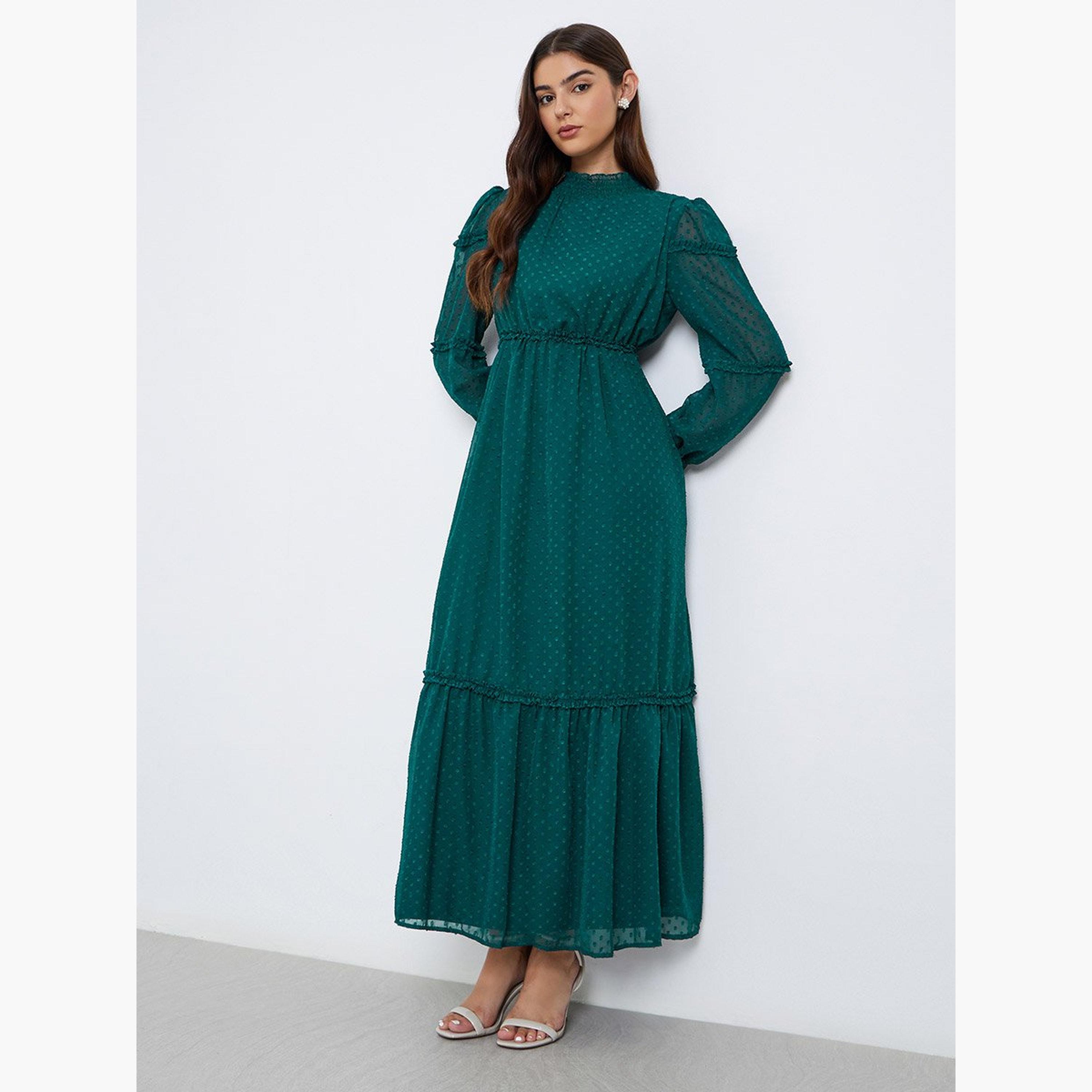 ستايلي - فستان ماكسي من قماش دوبي المزخرف ذو الحافة المكشكشة-women-clothing-dresses-image-1