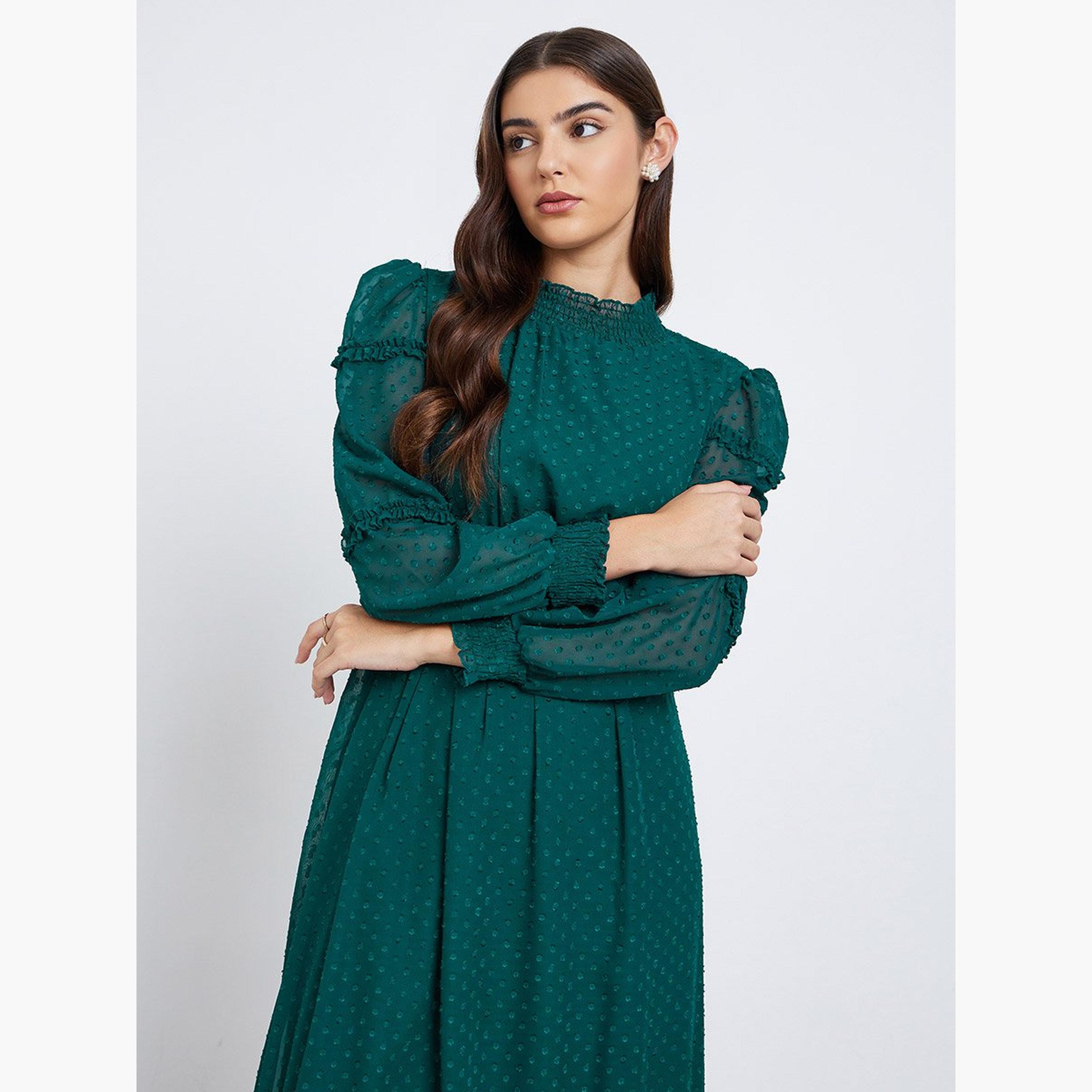 ستايلي - فستان ماكسي من قماش دوبي المزخرف ذو الحافة المكشكشة-women-clothing-dresses-image-2