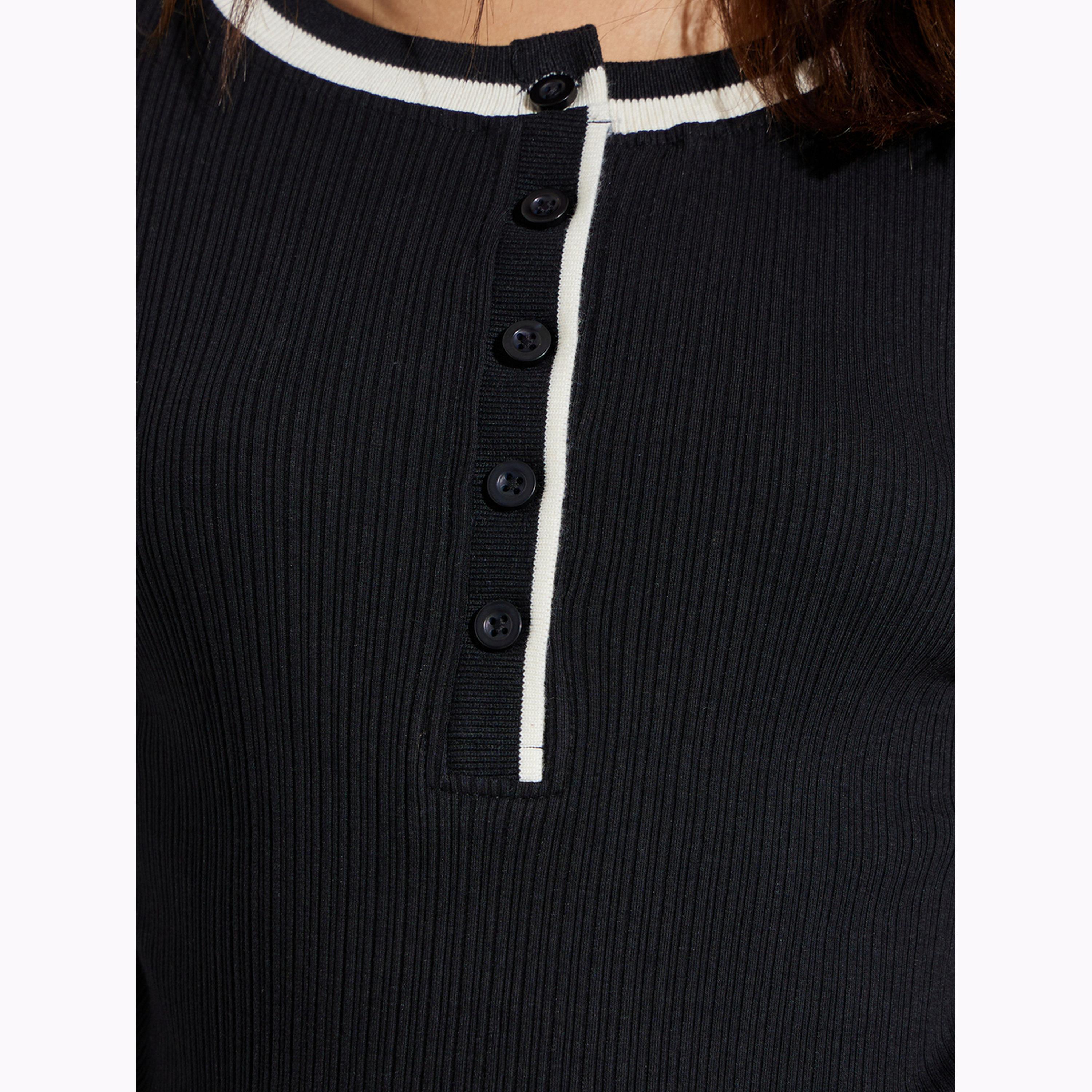 Styli Black Ribbed Knit Top with Contrast Trim-men-clothing-tshirtsandpolos-tshirts-image-5
