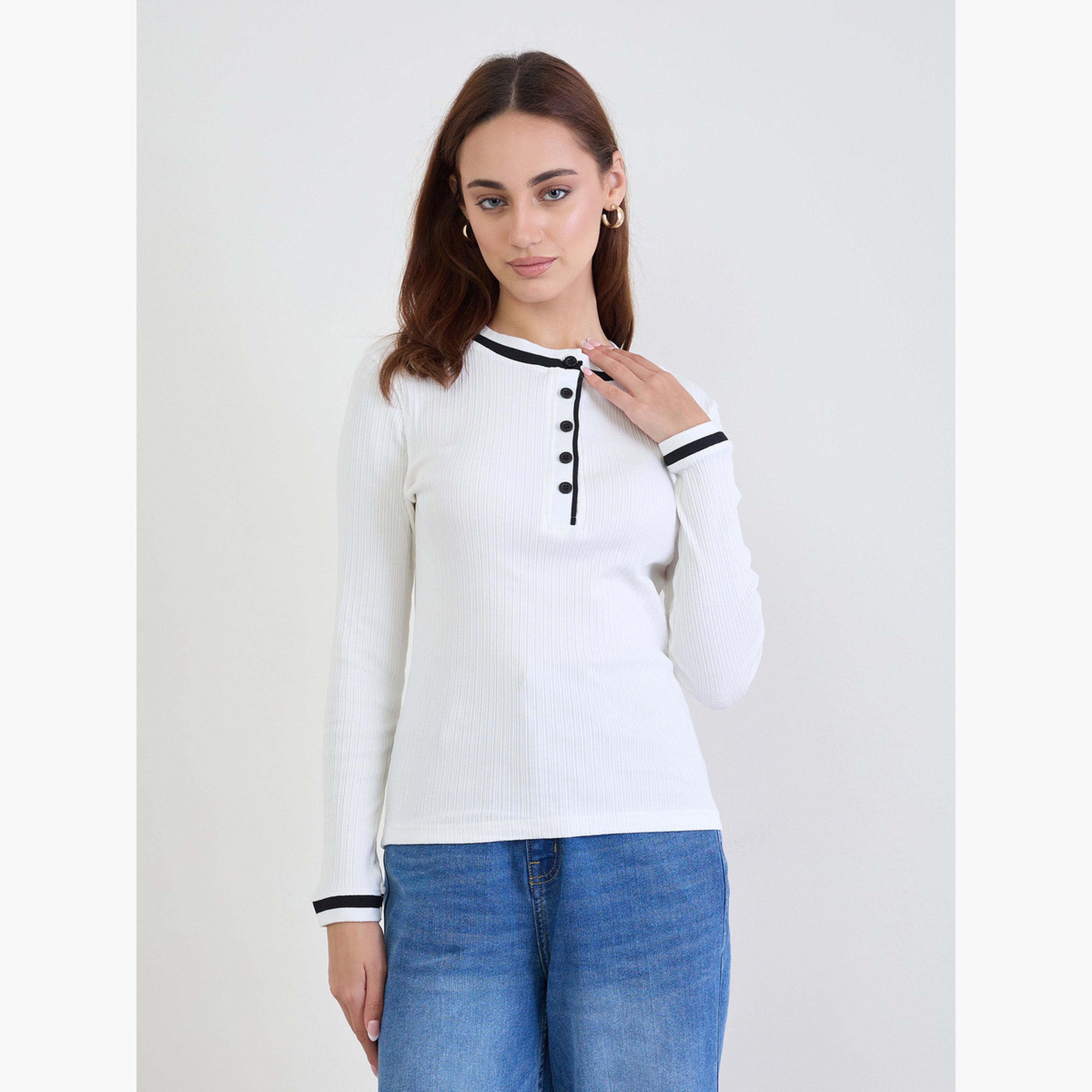 Styli Women Off-White Ribbed Knit Top with Black Trim-women-clothing-tshirts-image-1