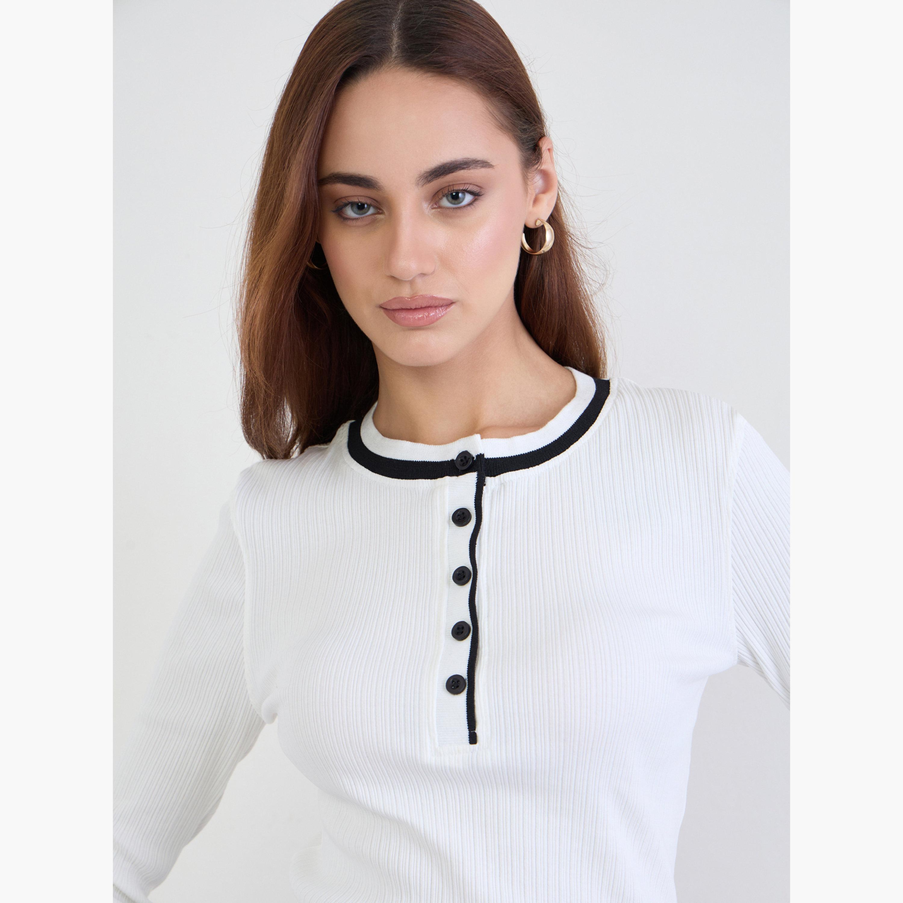 Styli Women Off-White Ribbed Knit Top with Black Trim-women-clothing-tshirts-image-4