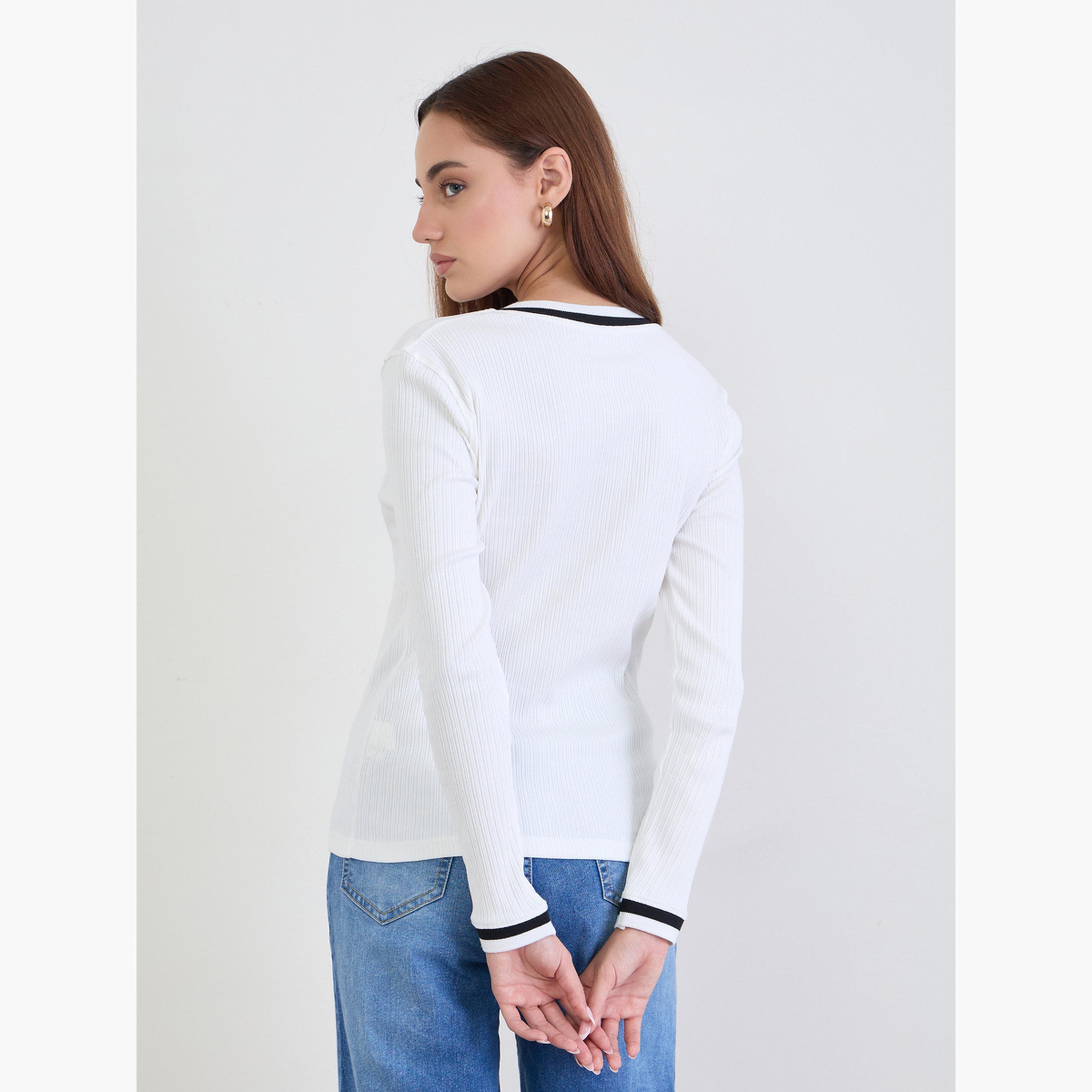 Styli Women Off-White Ribbed Knit Top with Black Trim-women-clothing-tshirts-image-5