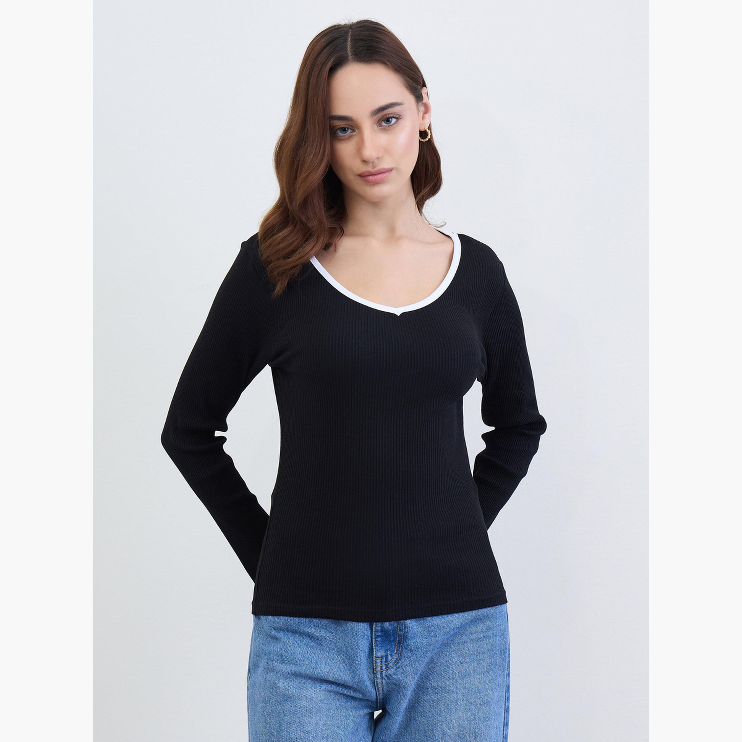Styli Women Black Knit Top with White Trim-women-clothing-tshirts-image-1