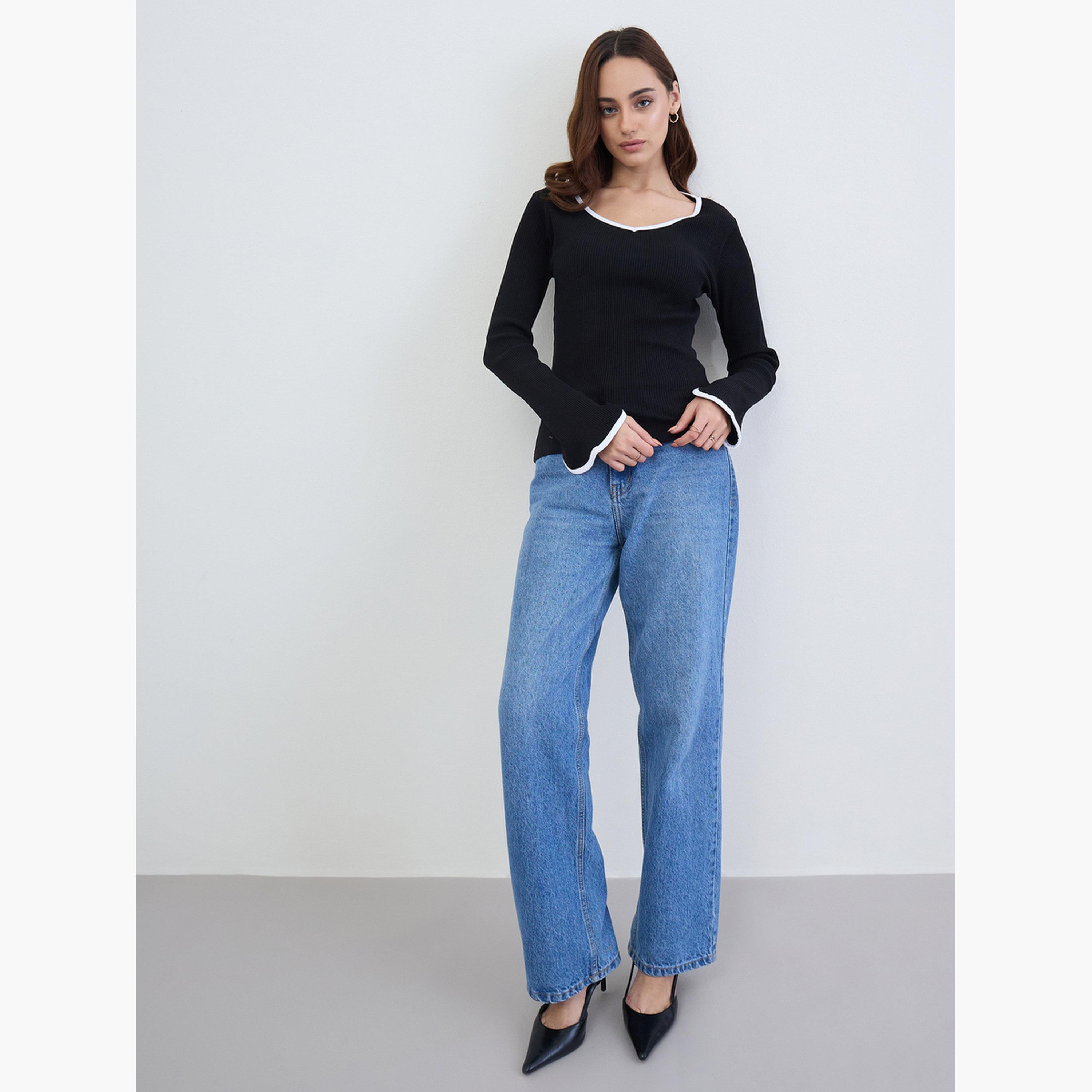 Styli Women Black Knit Top with White Trim-women-clothing-tshirts-image-2