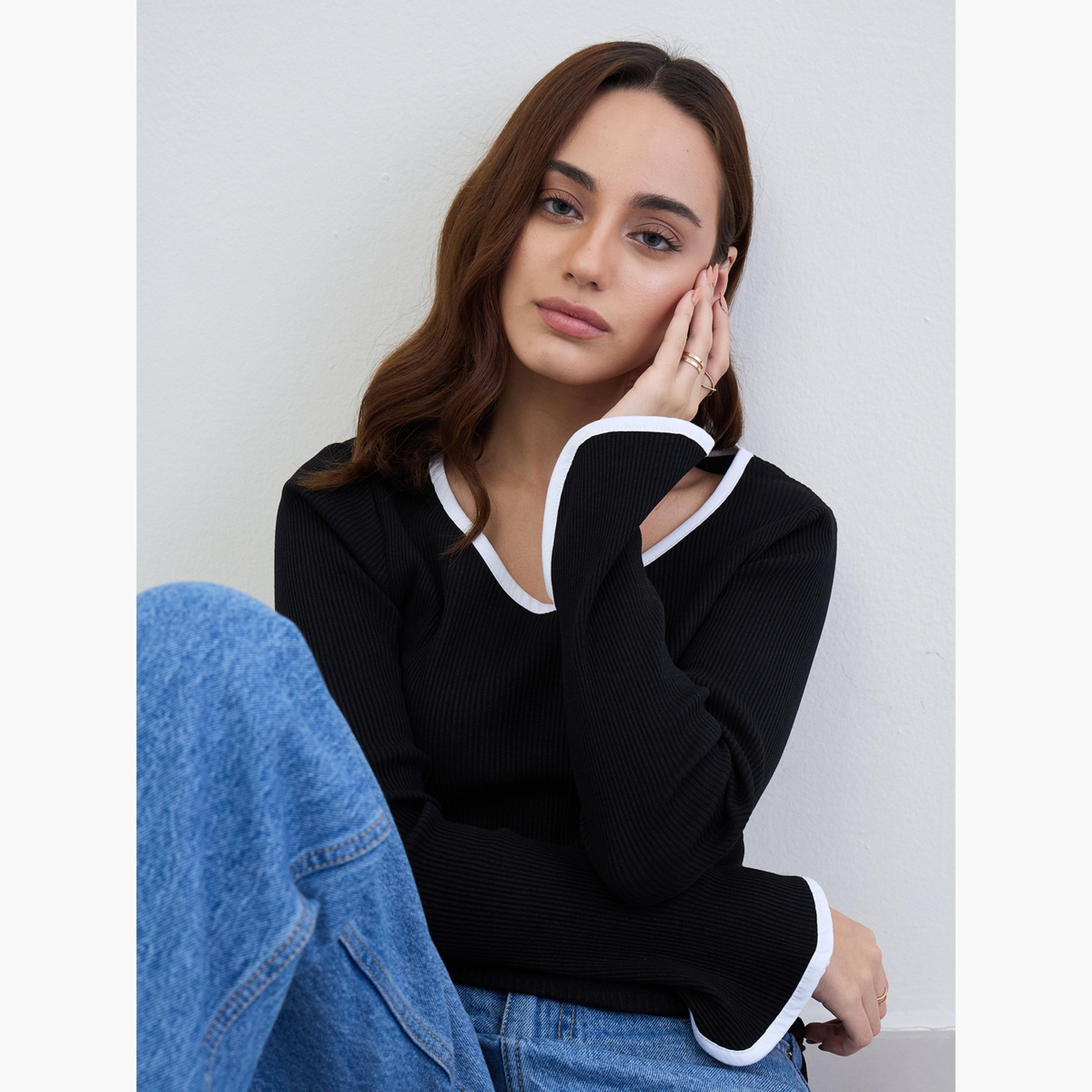 Styli Women Black Knit Top with White Trim-women-clothing-tshirts-image-3