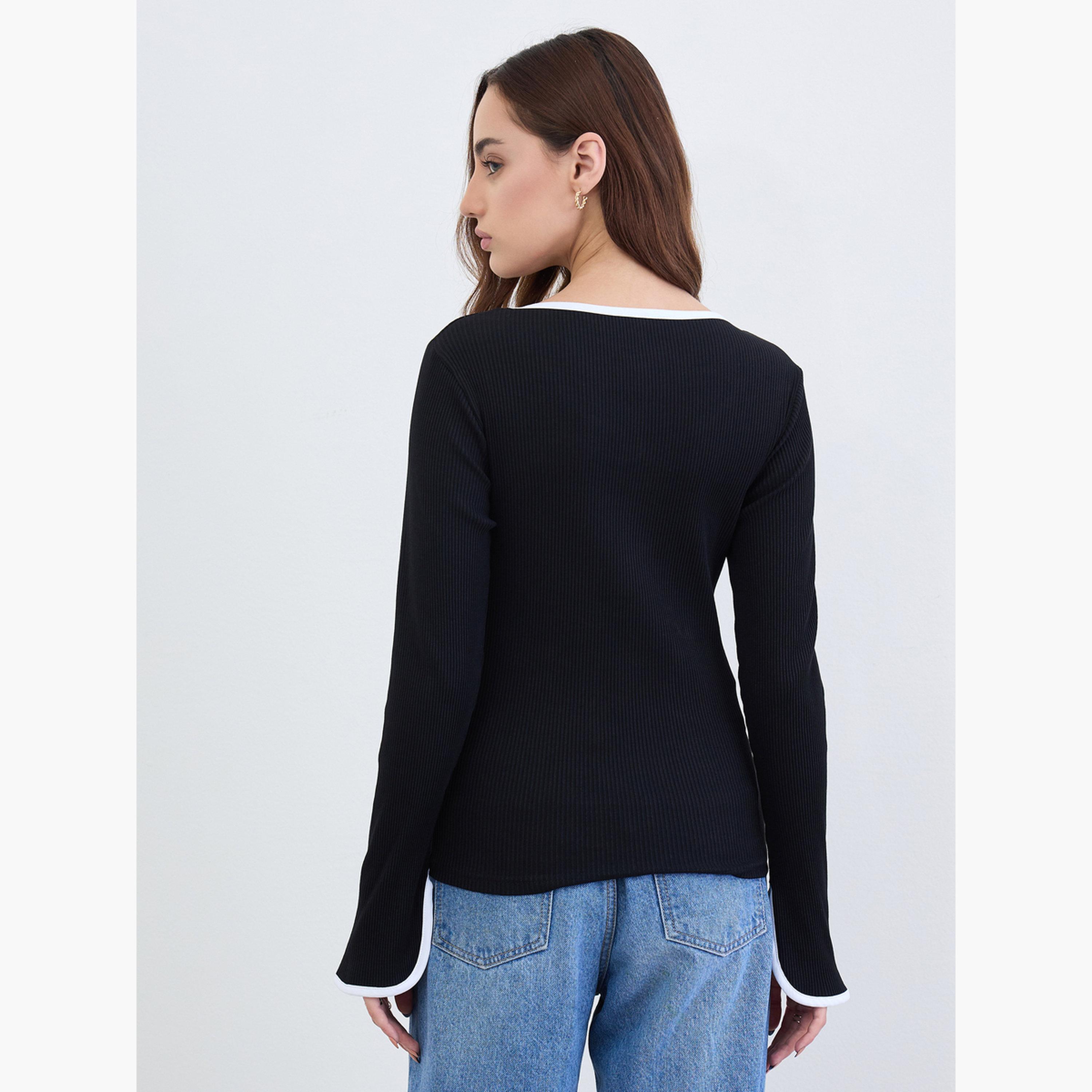 Styli Women Black Knit Top with White Trim-women-clothing-tshirts-image-5