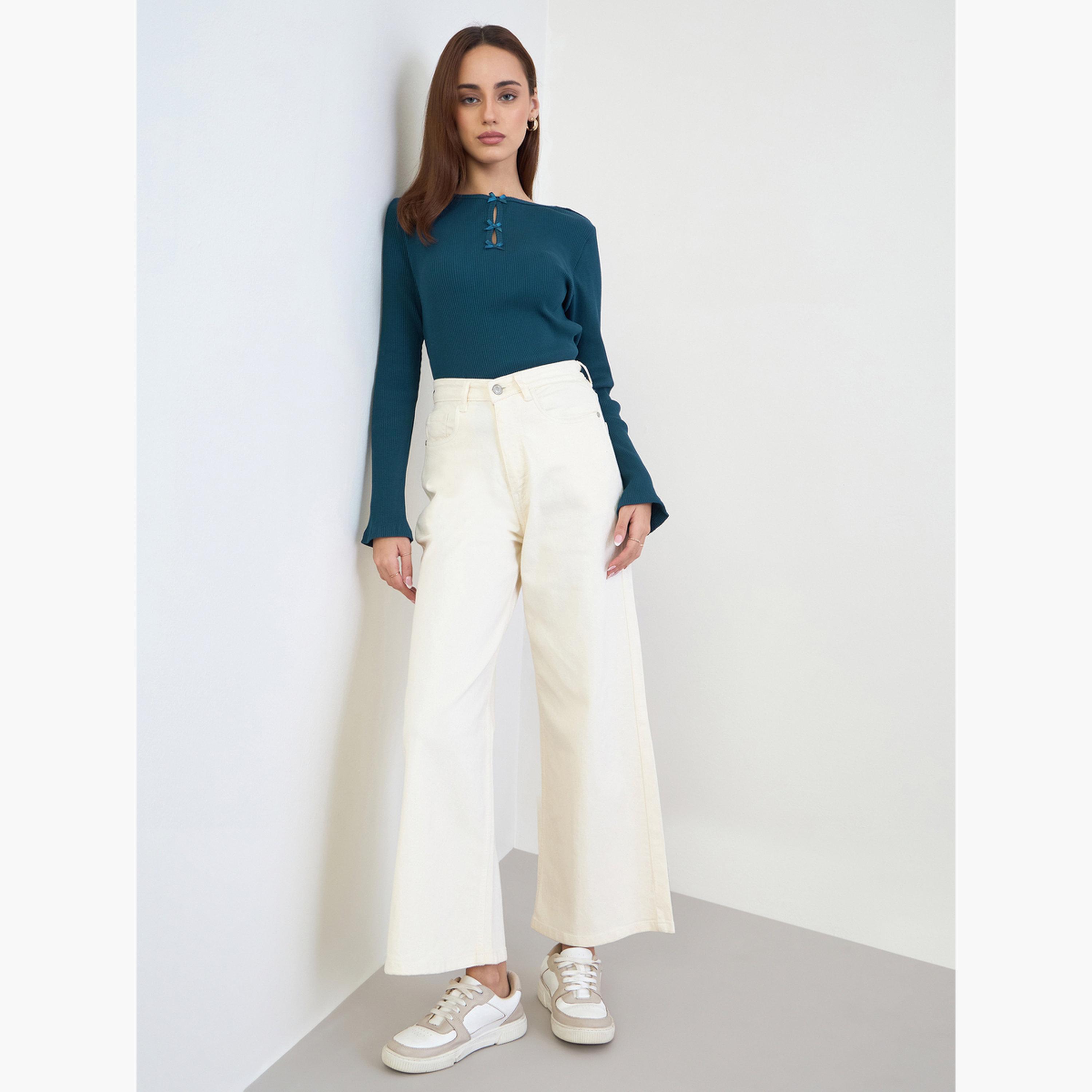 Styli Women Teal Slim Fit Bow Detail Knit Top-women-clothing-tshirts-image-2