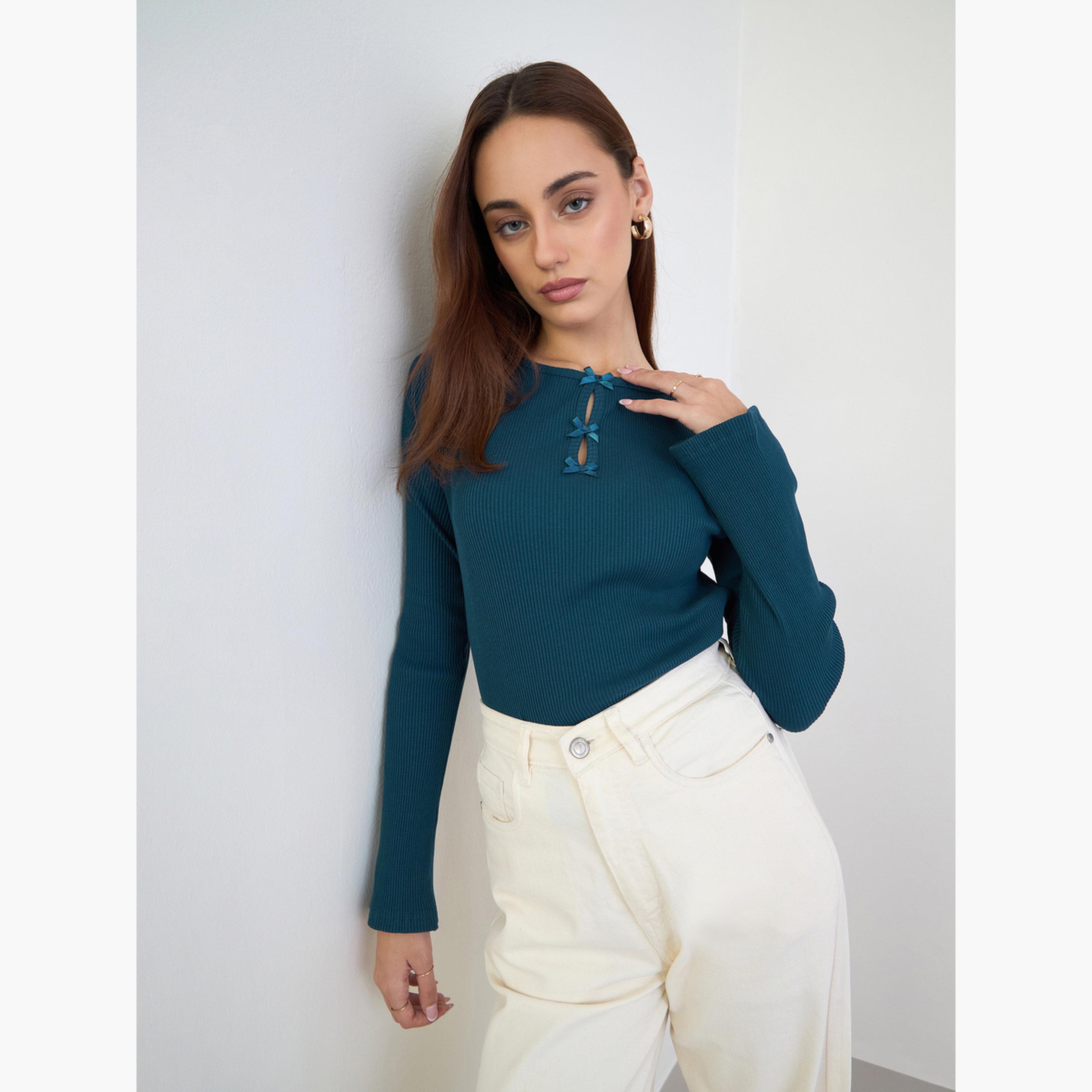 Styli Women Teal Slim Fit Bow Detail Knit Top-women-clothing-tshirts-image-3