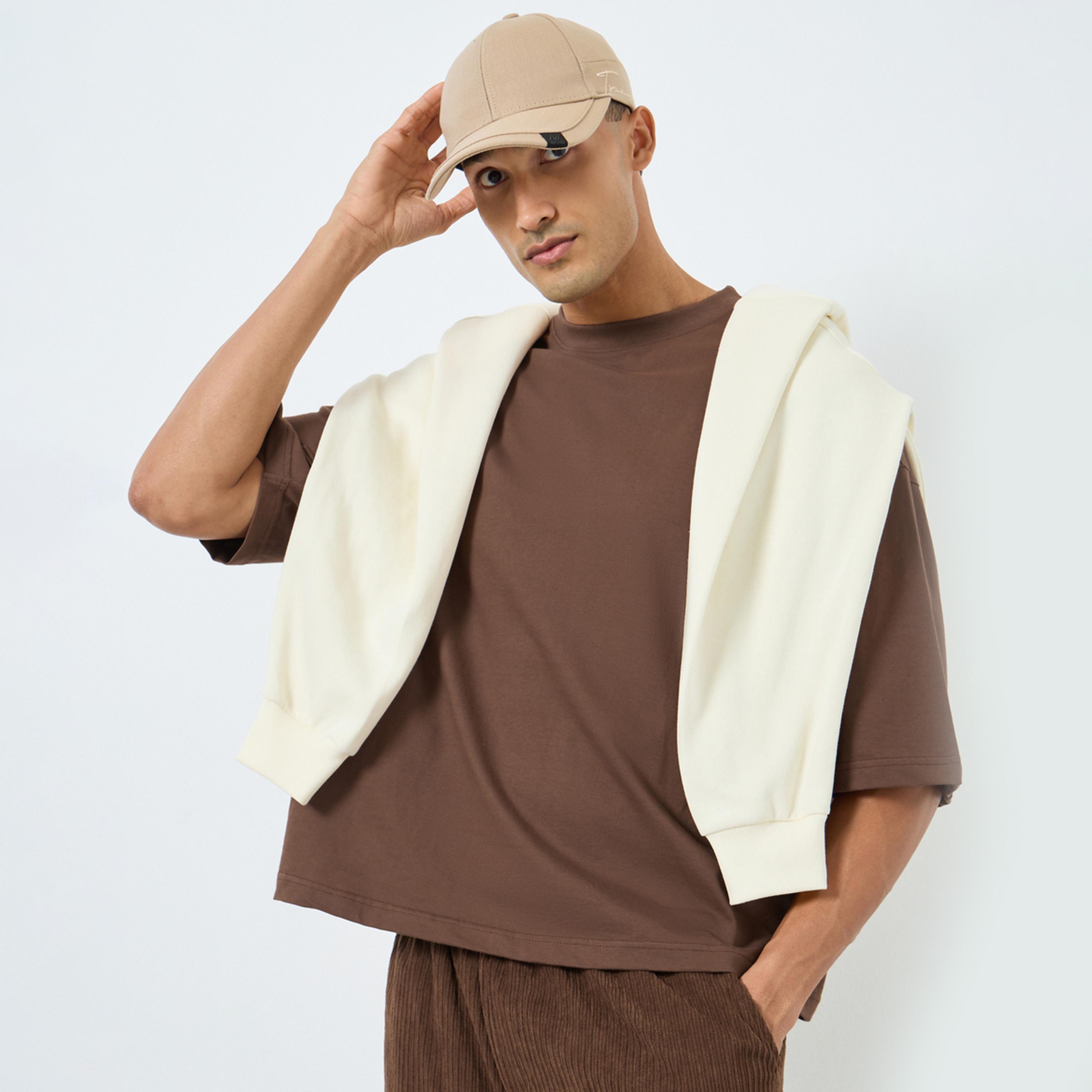 Styli Men Khaki Solid Boxy Fit Crew Neck T-Shirt-men-clothing-tshirtsandpolos-tshirts-image-1