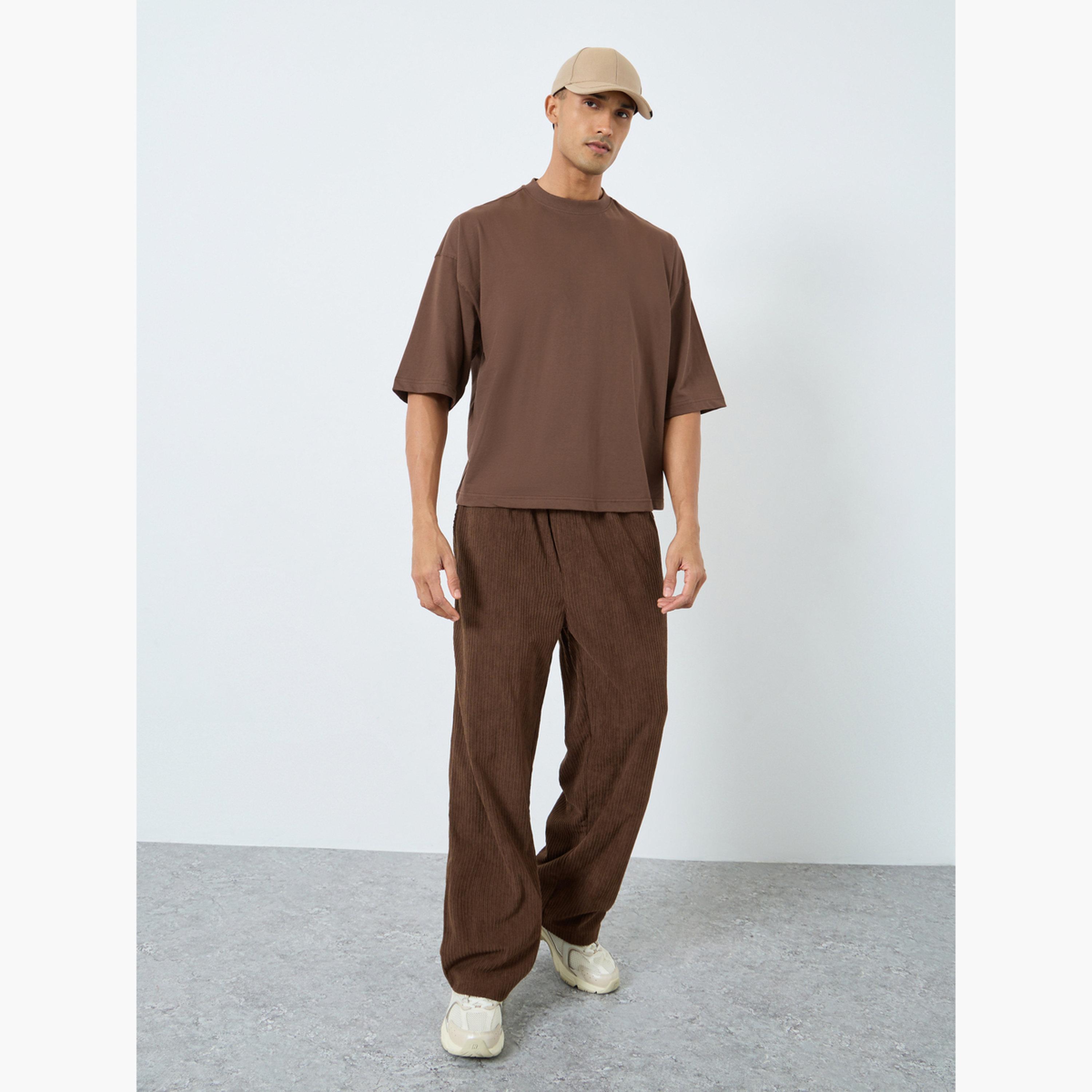Styli Men Khaki Solid Boxy Fit Crew Neck T-Shirt-men-clothing-tshirtsandpolos-tshirts-image-2