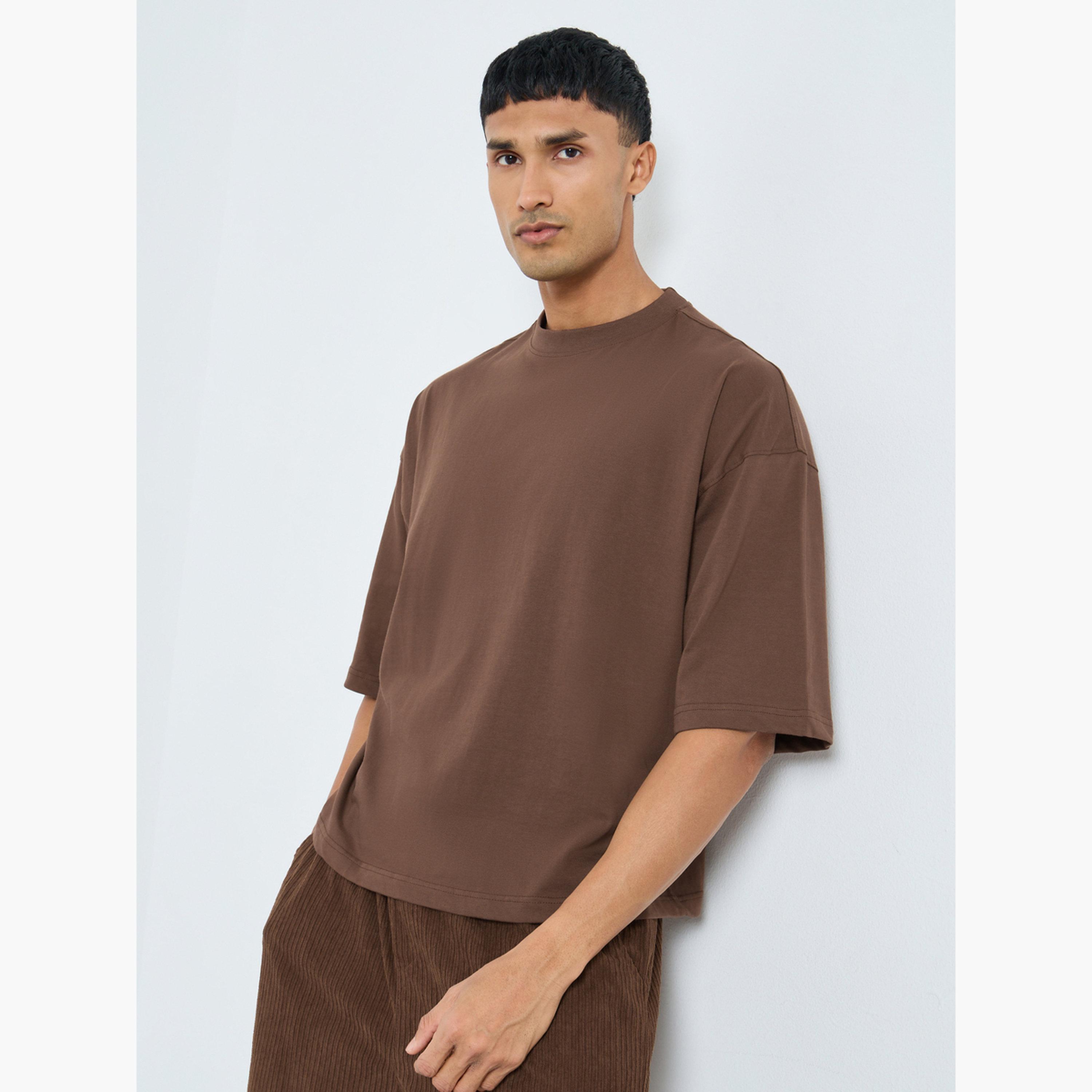 Styli Men Khaki Solid Boxy Fit Crew Neck T-Shirt-men-clothing-tshirtsandpolos-tshirts-image-3