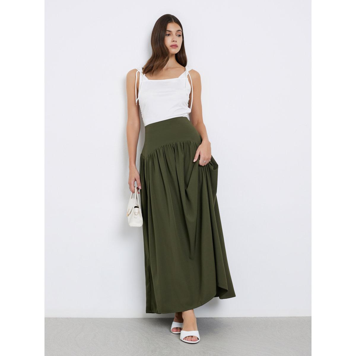 تنورة طويلة سادة بتفاصيل مُجمعة-women-clothing-bottoms-skirts-image-1