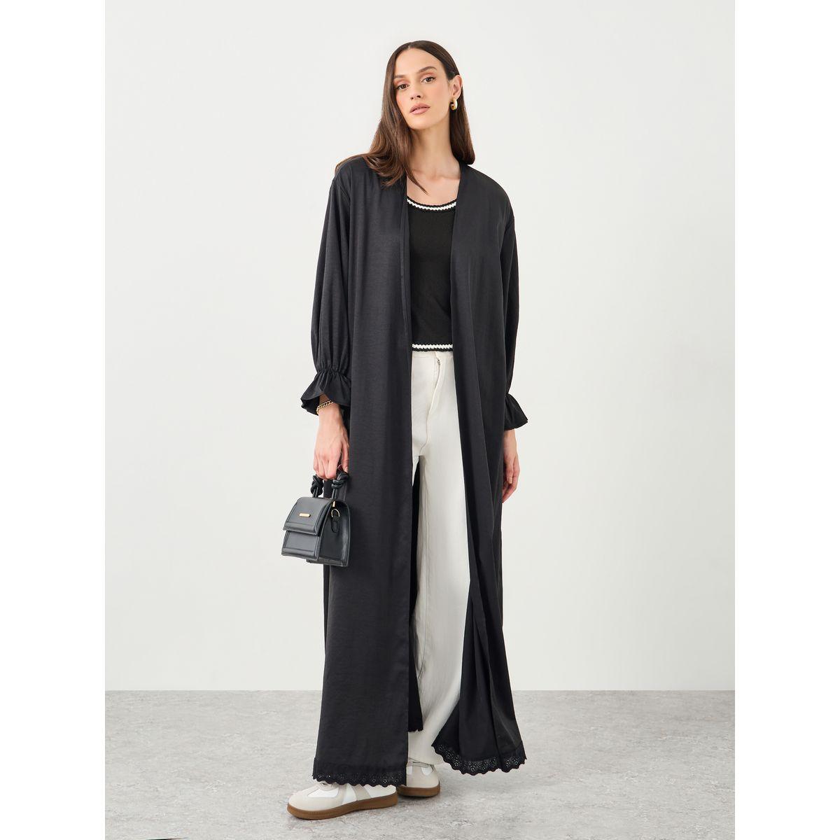 Styli Women Black Lace Trim Regular Fit Maxi Abaya-women-arabicclothing-abayas-image-1