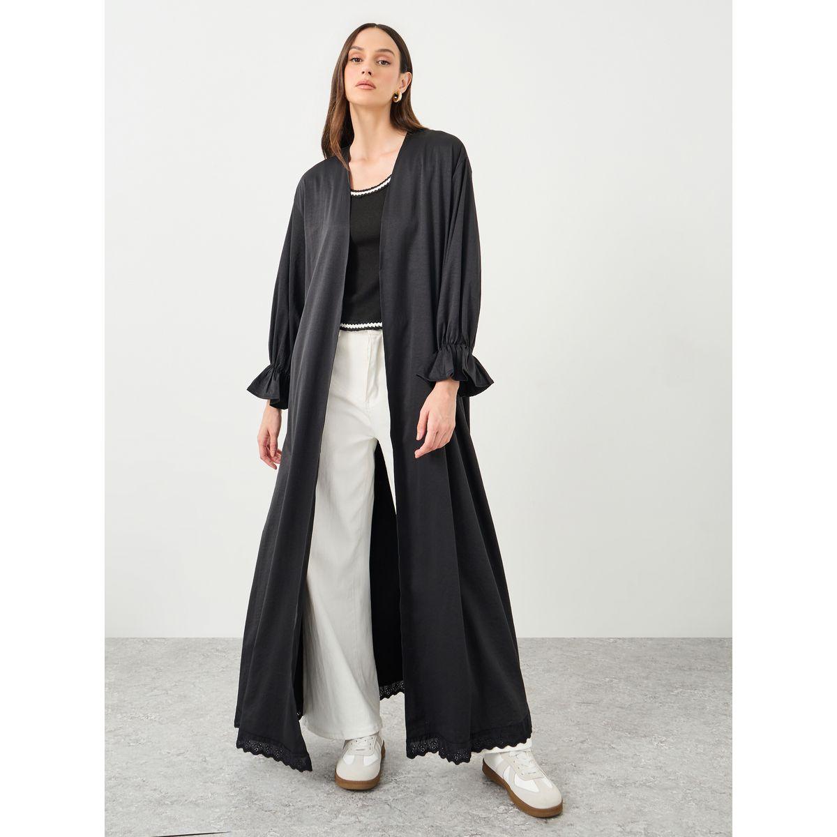 Styli Women Black Lace Trim Regular Fit Maxi Abaya-women-arabicclothing-abayas-image-2