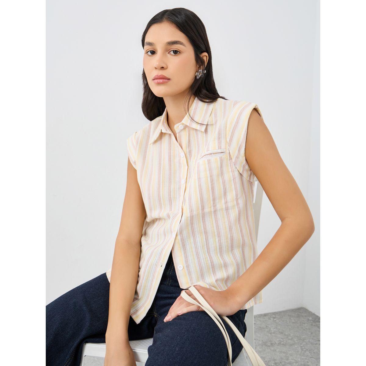 Styli Striped Sleeveless Shirt with Spread Collar-women-clothing-shirtsandblouses-shirts-image-1