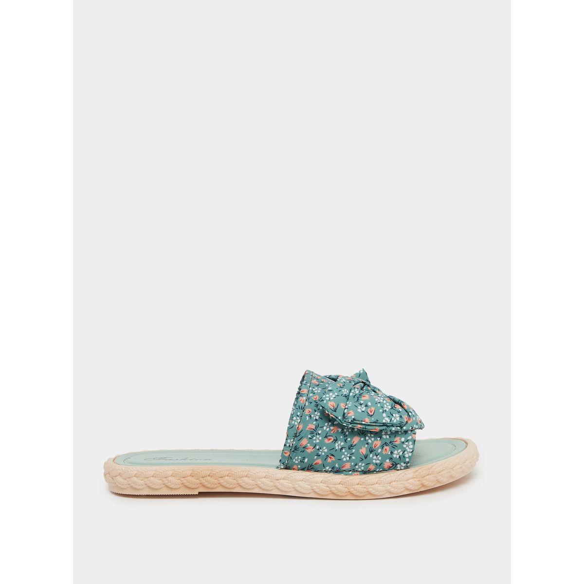 Styli Floral Print Bow Detail Flat Sandals-women-shoes-sandals-flats-image-1