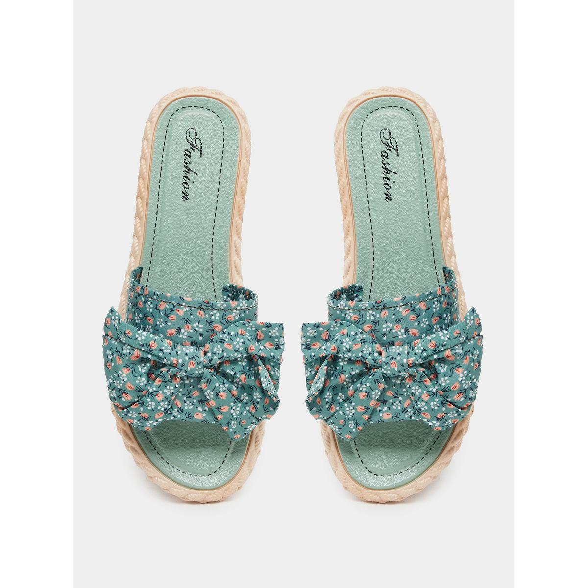 Styli Floral Print Bow Detail Flat Sandals-women-shoes-sandals-flats-image-5
