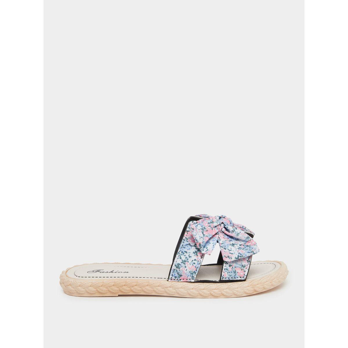 Styli Floral Print Bow Detail Flat Sandals-women-shoes-sandals-flats-image-1