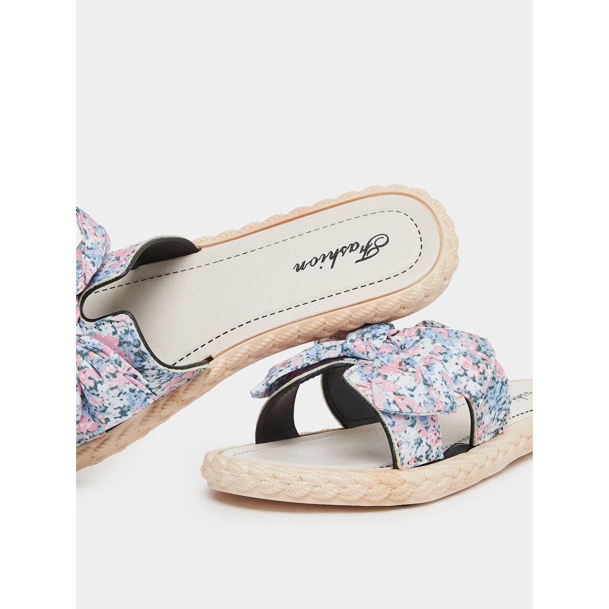 Styli Floral Print Bow Detail Flat Sandals-women-shoes-sandals-flats-image-3
