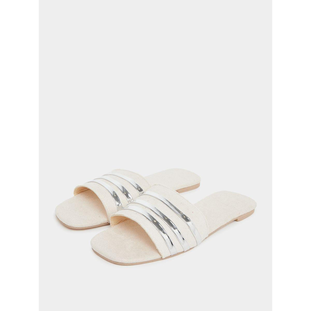 Styli Women Beige Metallic Strip Detail Flat Sandals-women-shoes-flipflopsandslides-image-2
