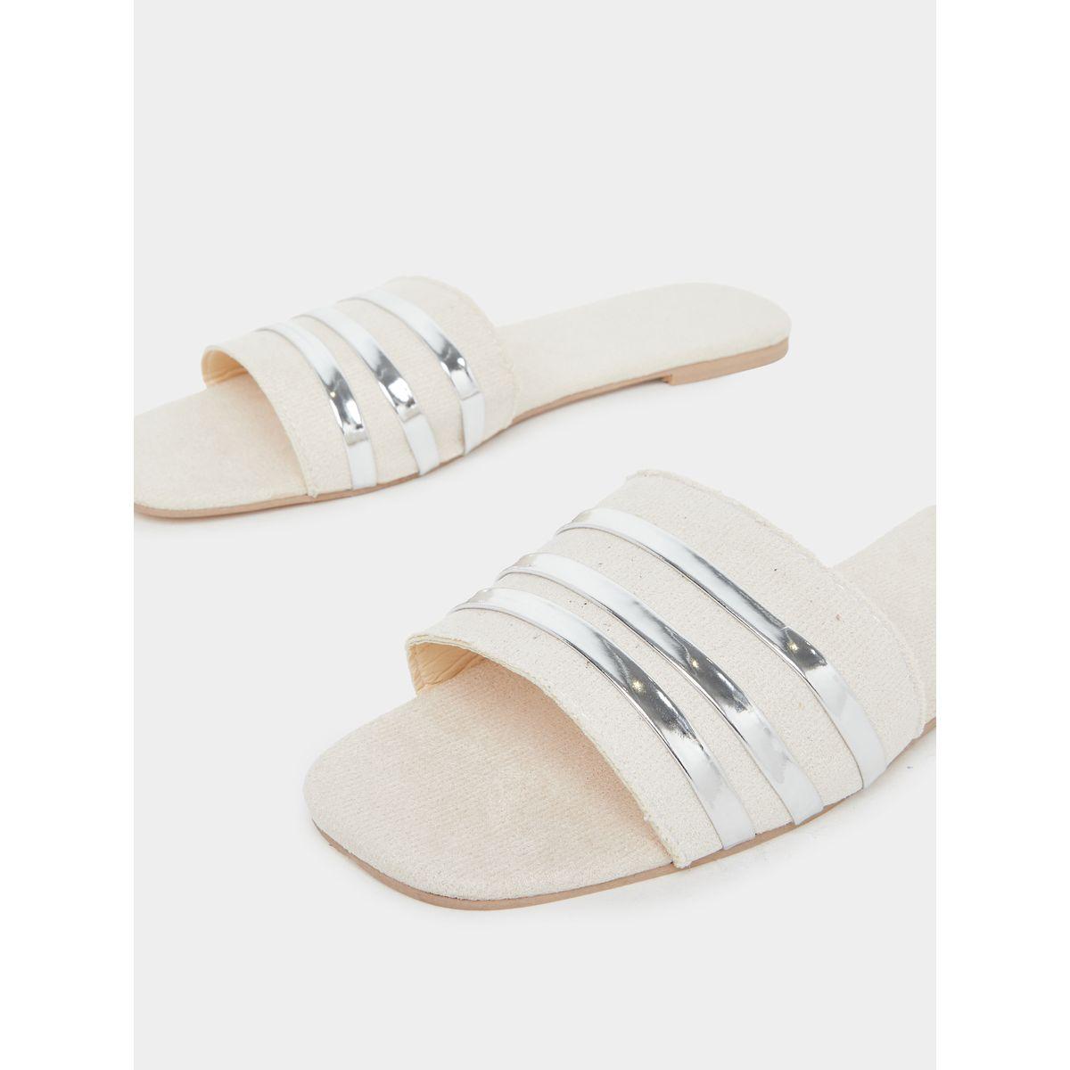 Styli Women Beige Metallic Strip Detail Flat Sandals-women-shoes-flipflopsandslides-image-3