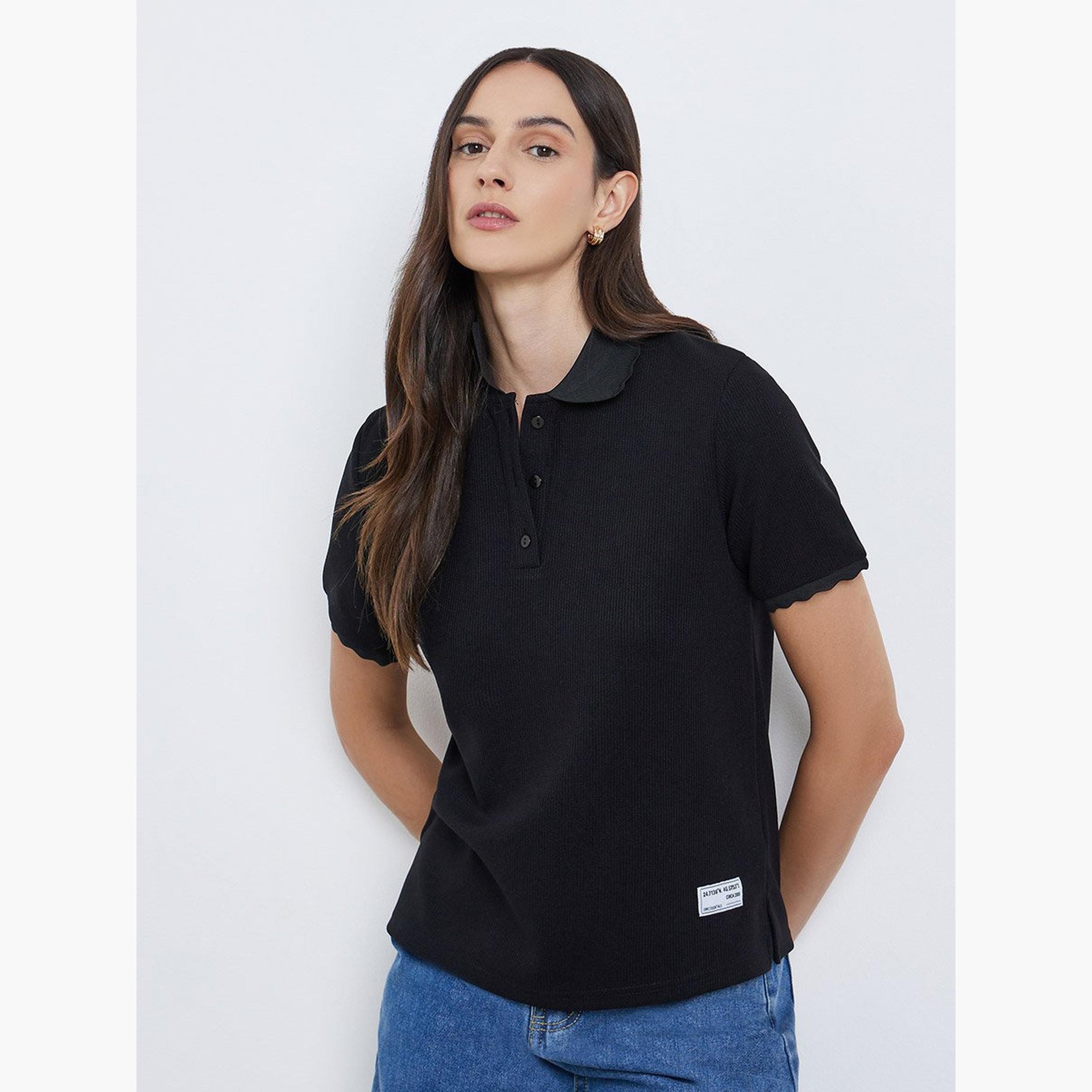 Styli Textured Ribbed Short Sleeve Polo T-Shirt-women-clothing-tshirts-image-1