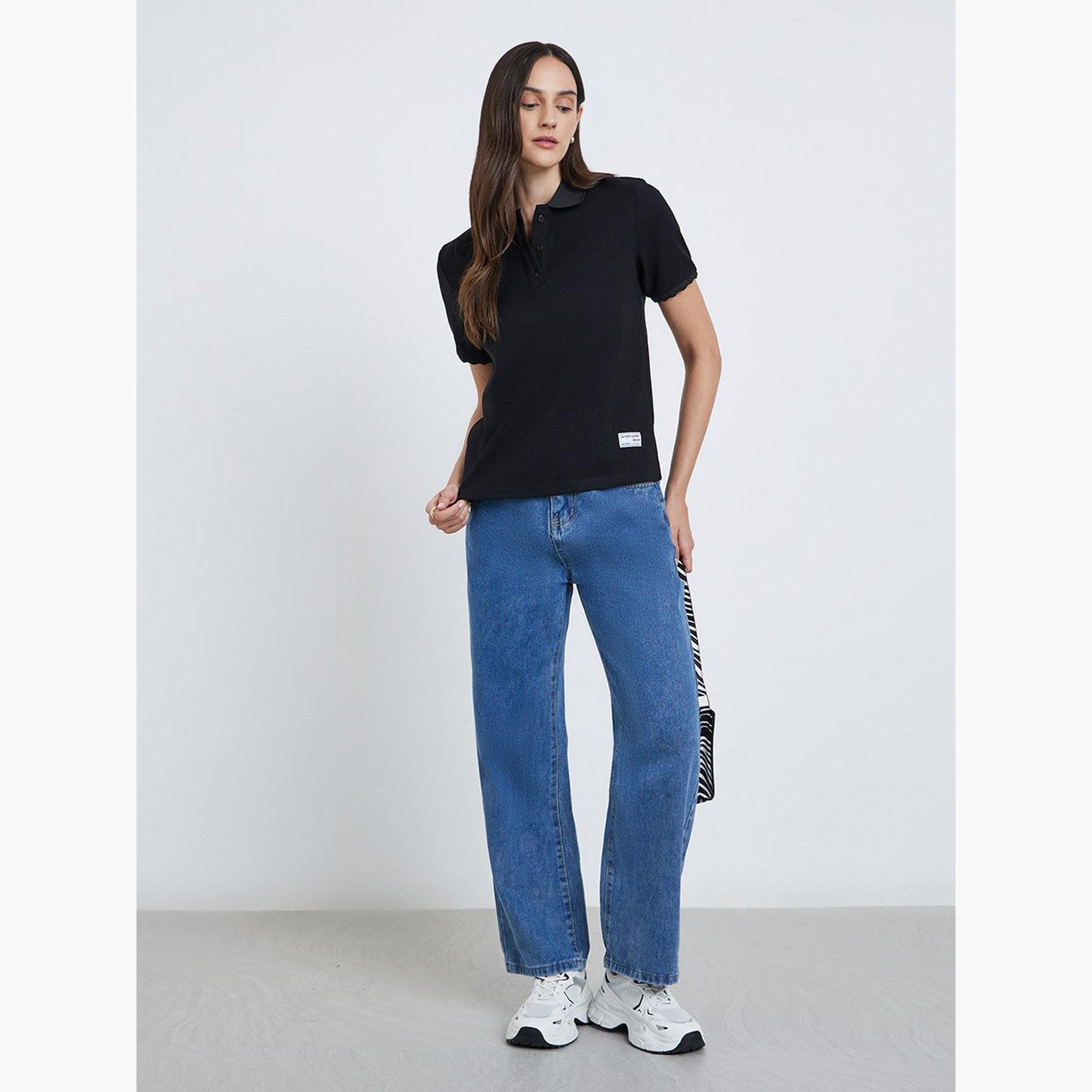 Styli Textured Ribbed Short Sleeve Polo T-Shirt-women-clothing-tshirts-image-2