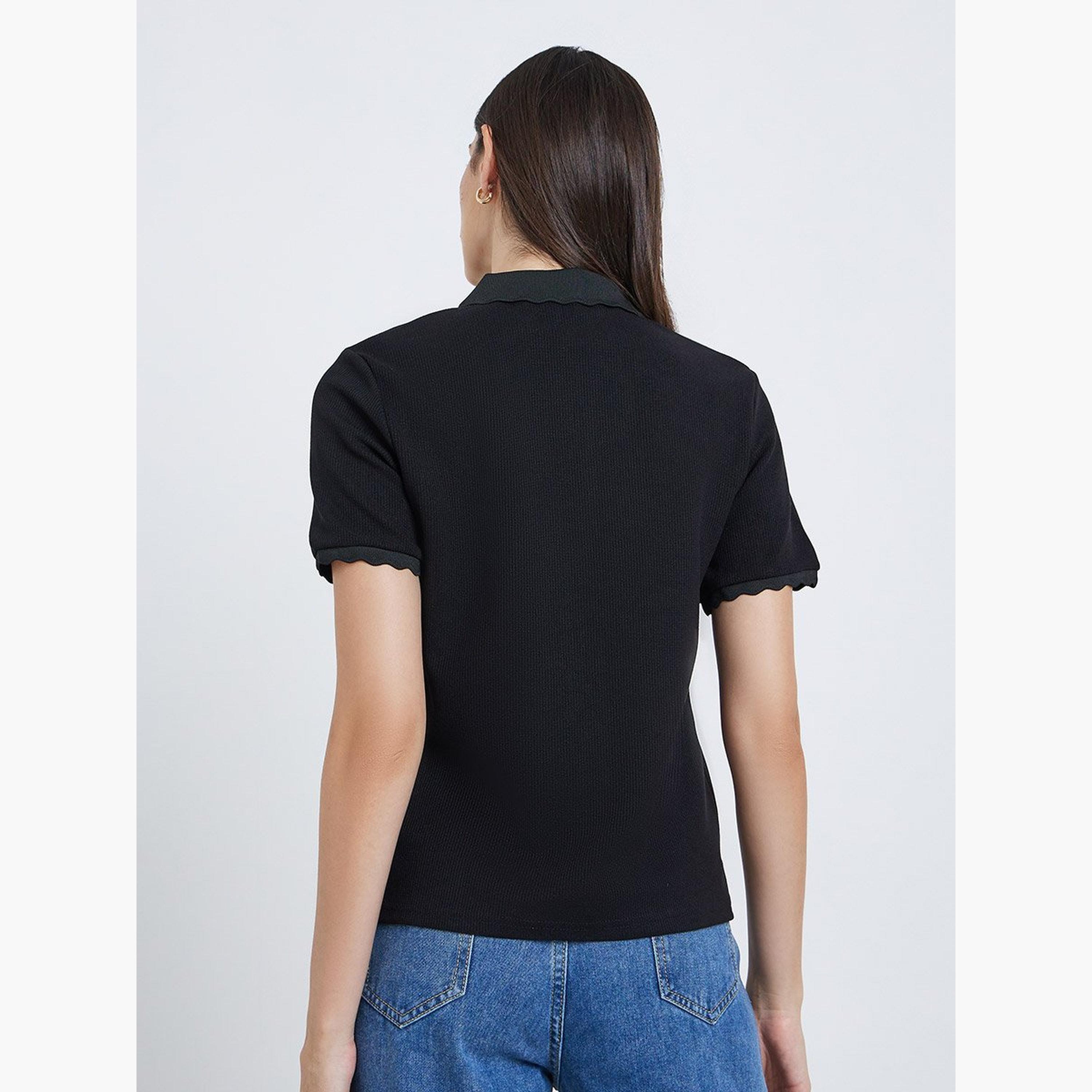 Styli Textured Ribbed Short Sleeve Polo T-Shirt-women-clothing-tshirts-image-4