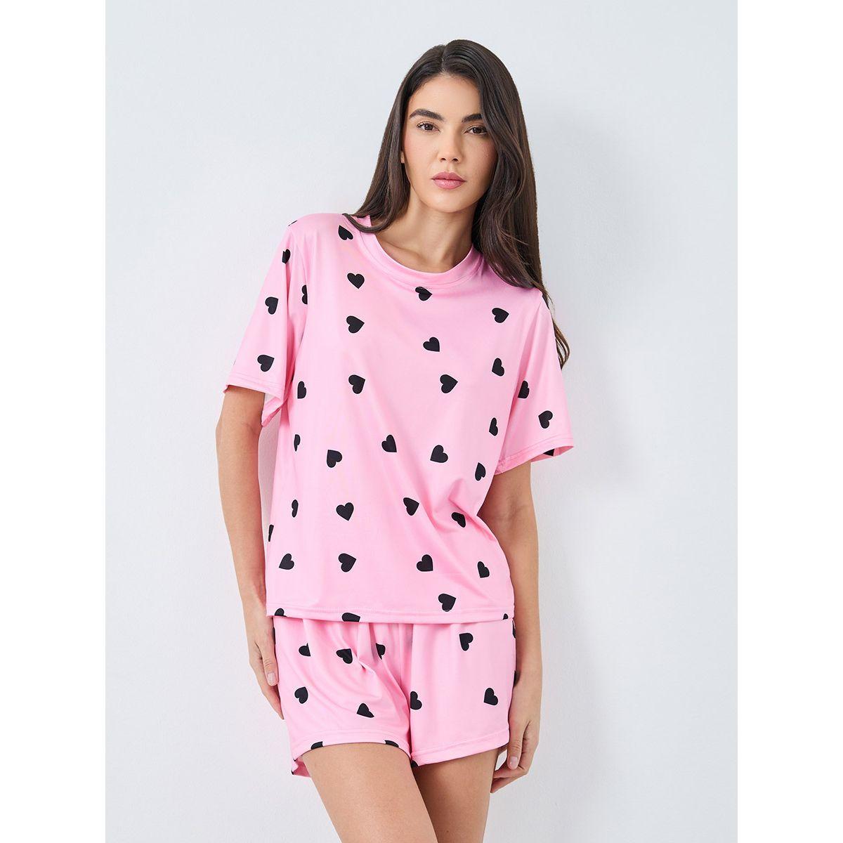 Styli All Over Heart Print T-Shirt and Shorts Set-women-clothing-nightwear-pyjamas-shortsets-image-2