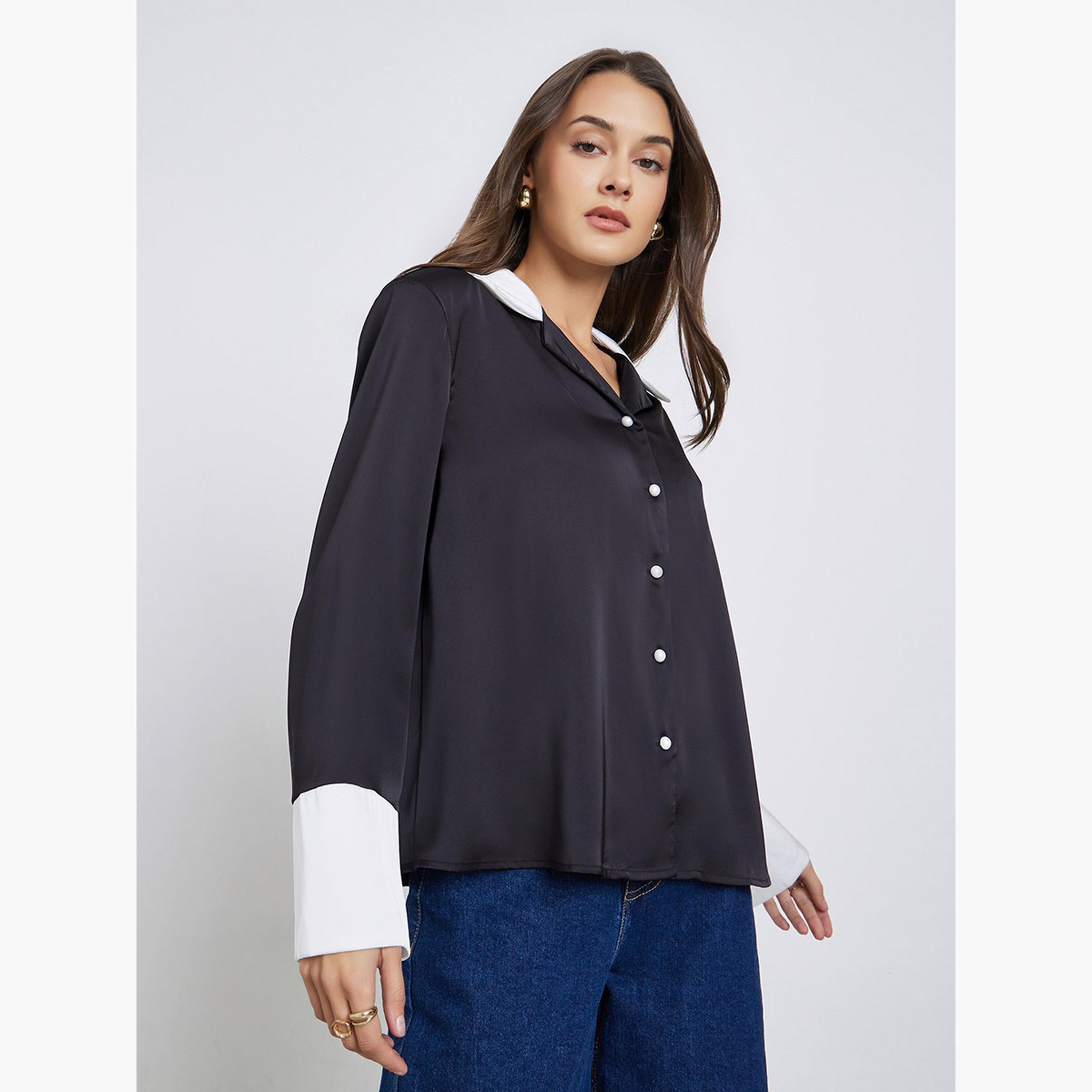 Styli Black Long Sleeve Shirt with Contrast Collar-women-clothing-shirtsandblouses-shirts-image-1