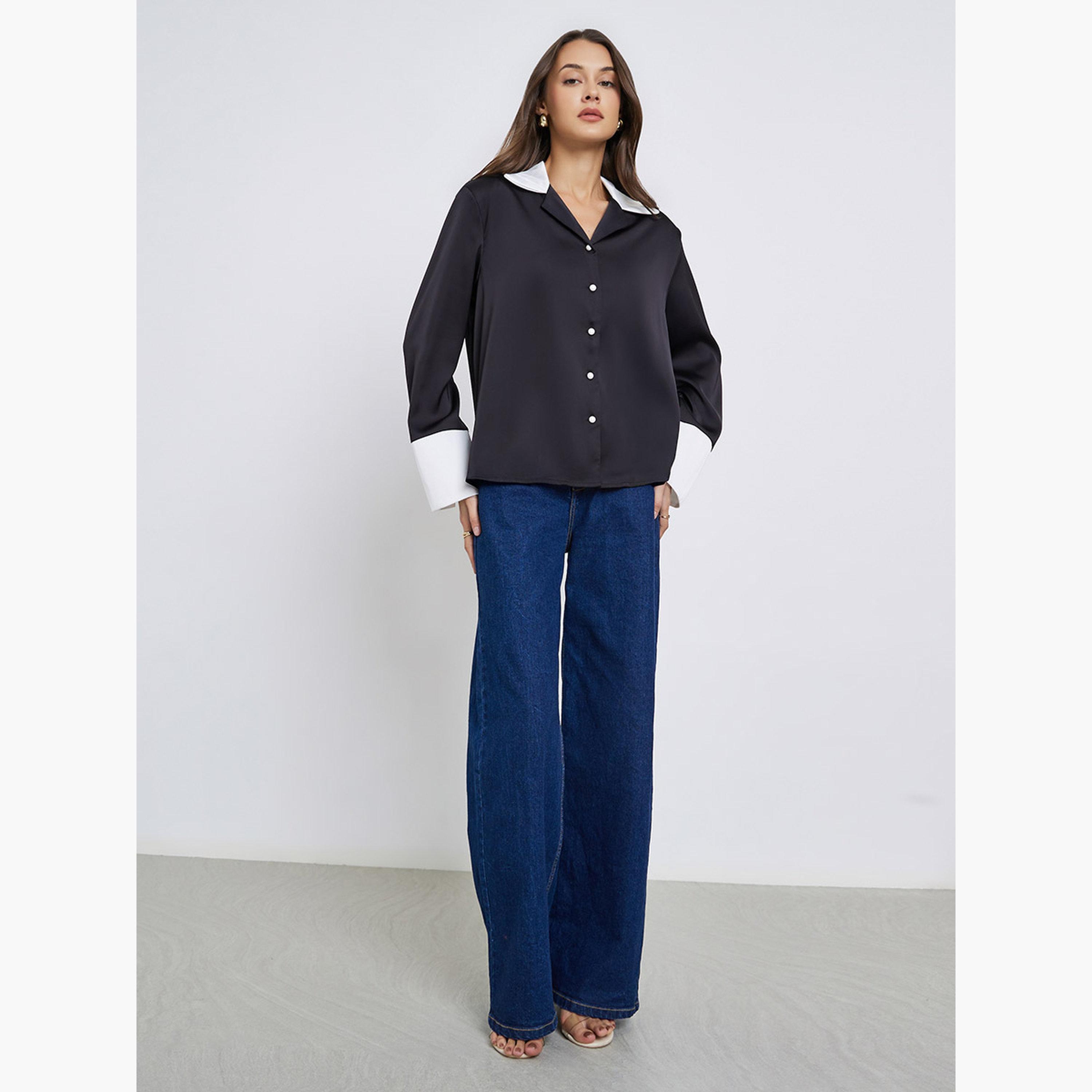 Styli Black Long Sleeve Shirt with Contrast Collar-women-clothing-shirtsandblouses-shirts-image-2
