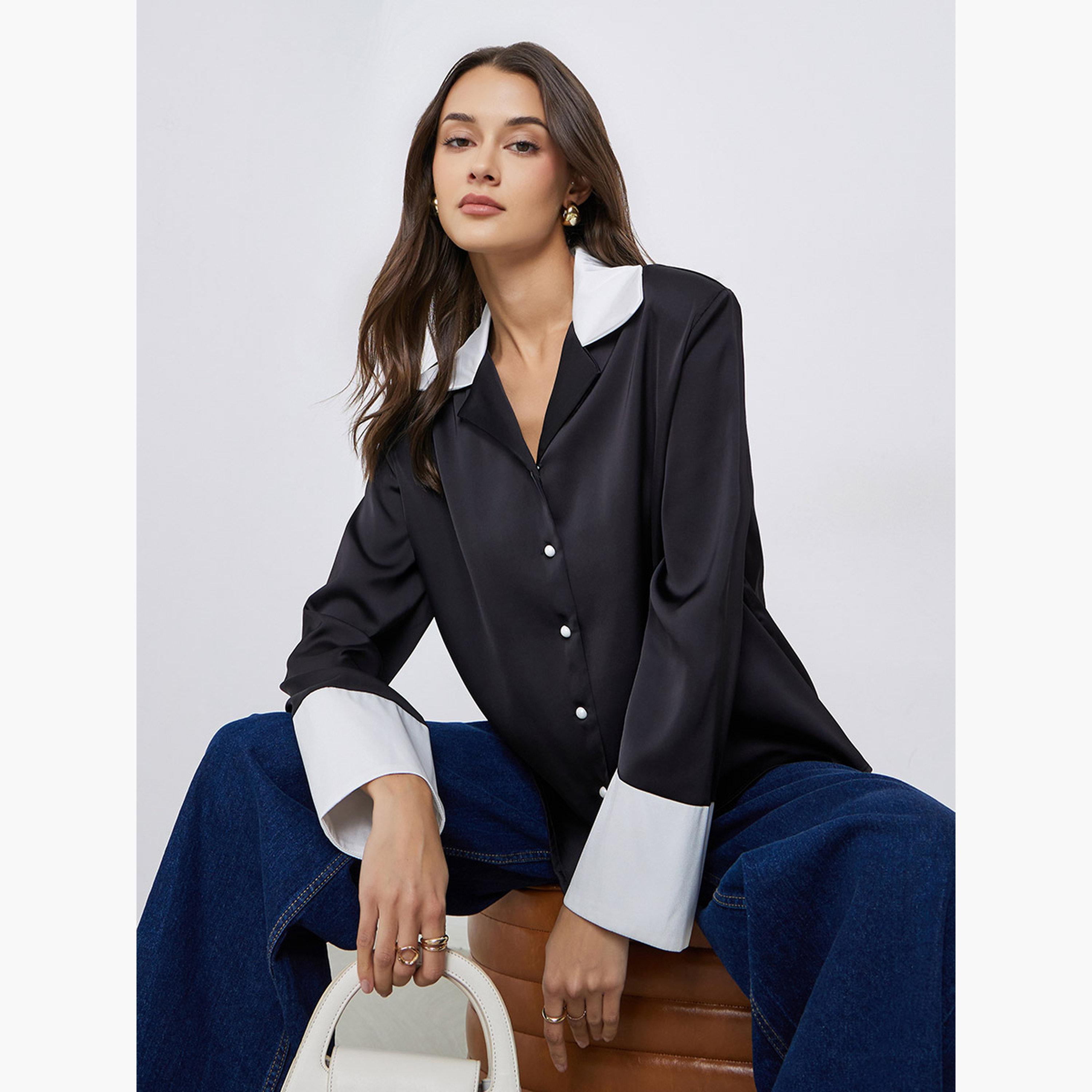 ستايلي - قميص أسود بأكمام طويلة وياقة متباينة-women-clothing-shirtsandblouses-shirts-image-3
