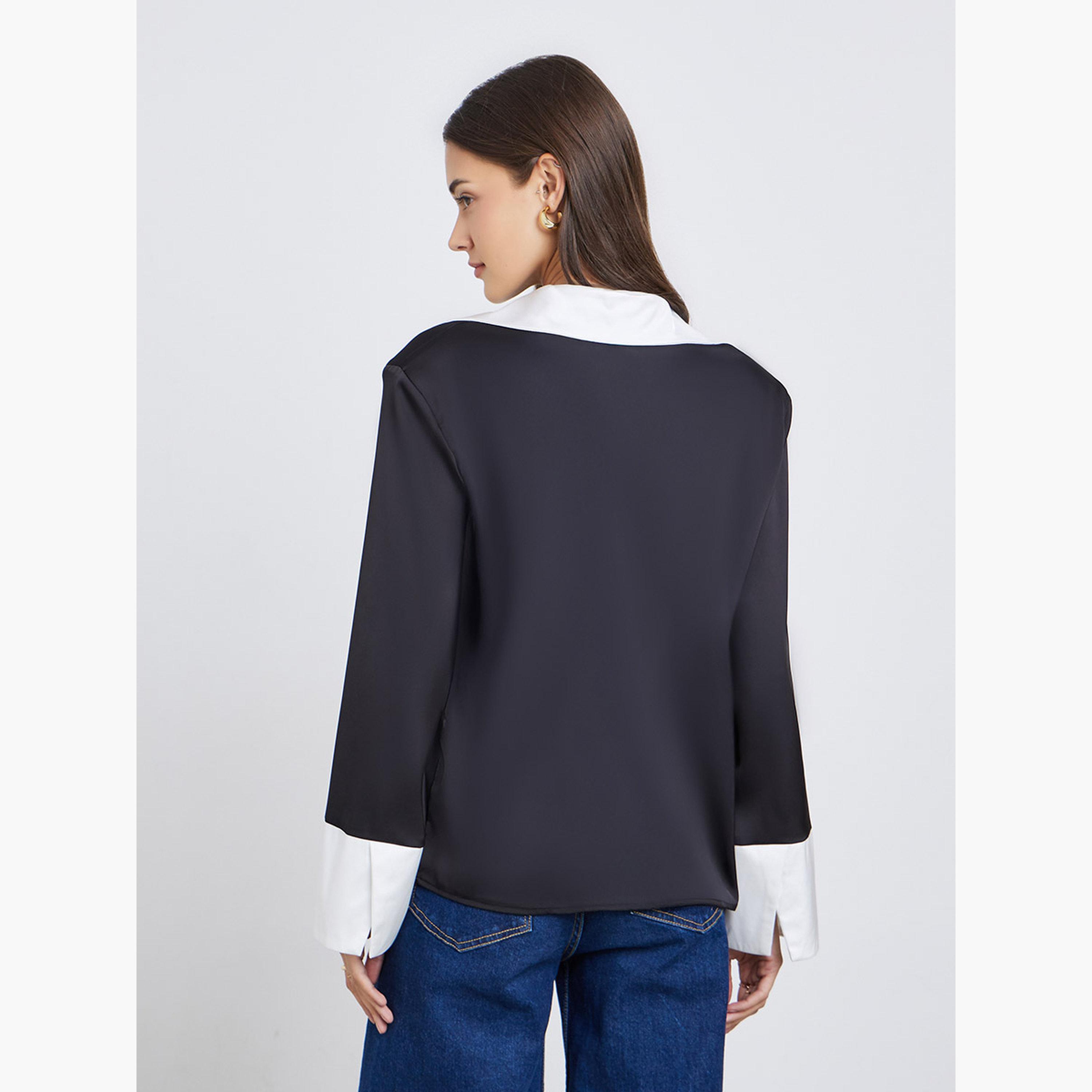 Styli Black Long Sleeve Shirt with Contrast Collar-women-clothing-shirtsandblouses-shirts-image-4