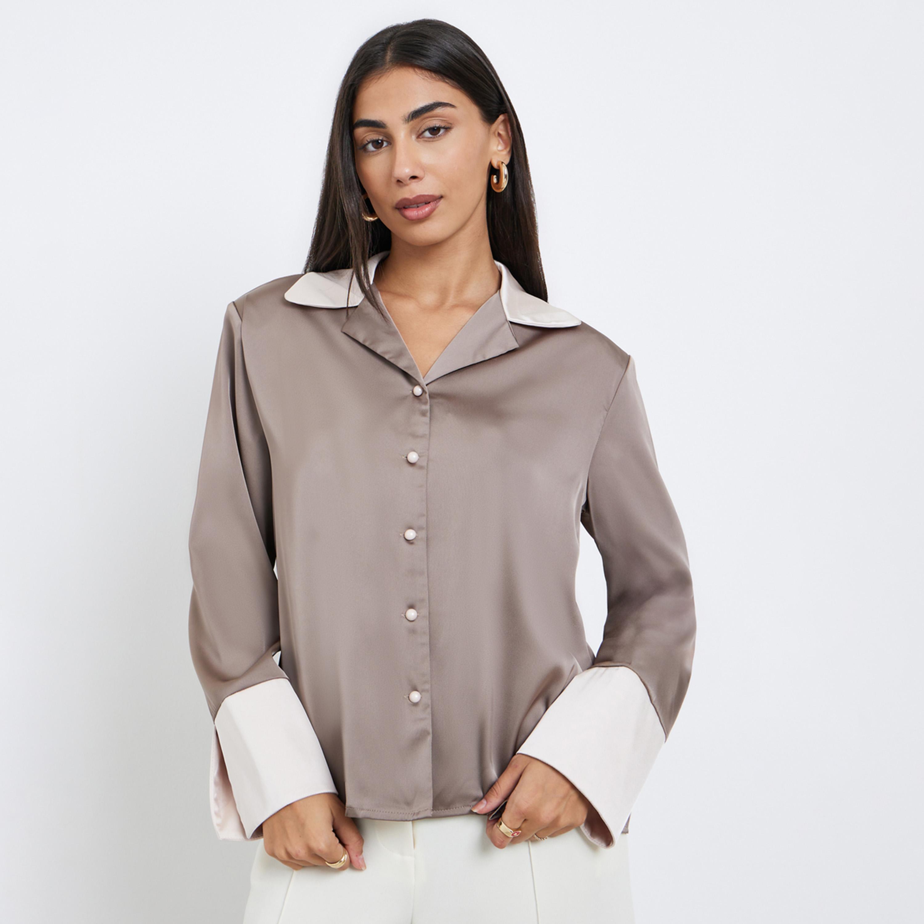 Styli Women Brown Color Block Notch Lapel Button Down Shirt-women-clothing-shirtsandblouses-shirts-image-1