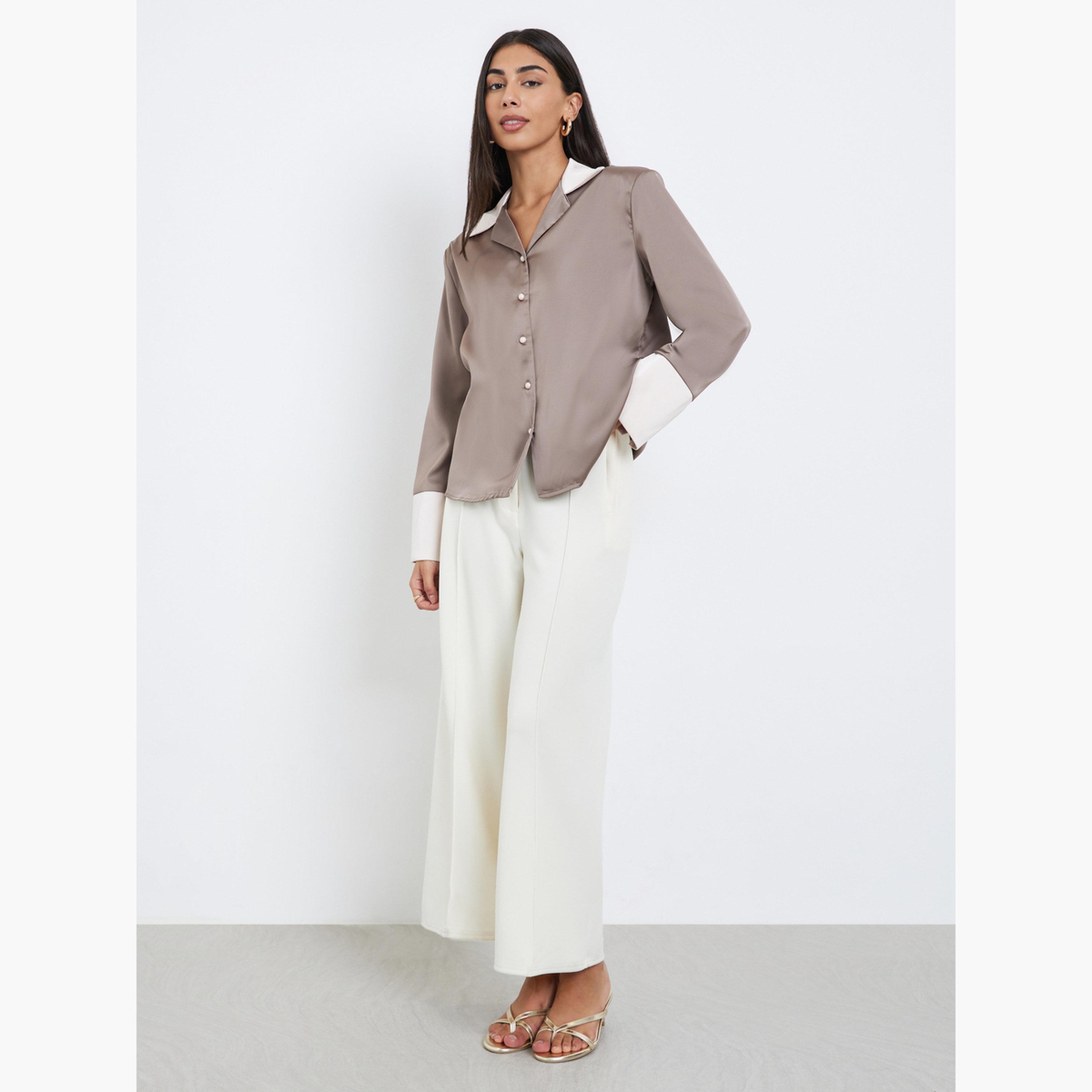 Styli Women Brown Color Block Notch Lapel Button Down Shirt-women-clothing-shirtsandblouses-shirts-image-2